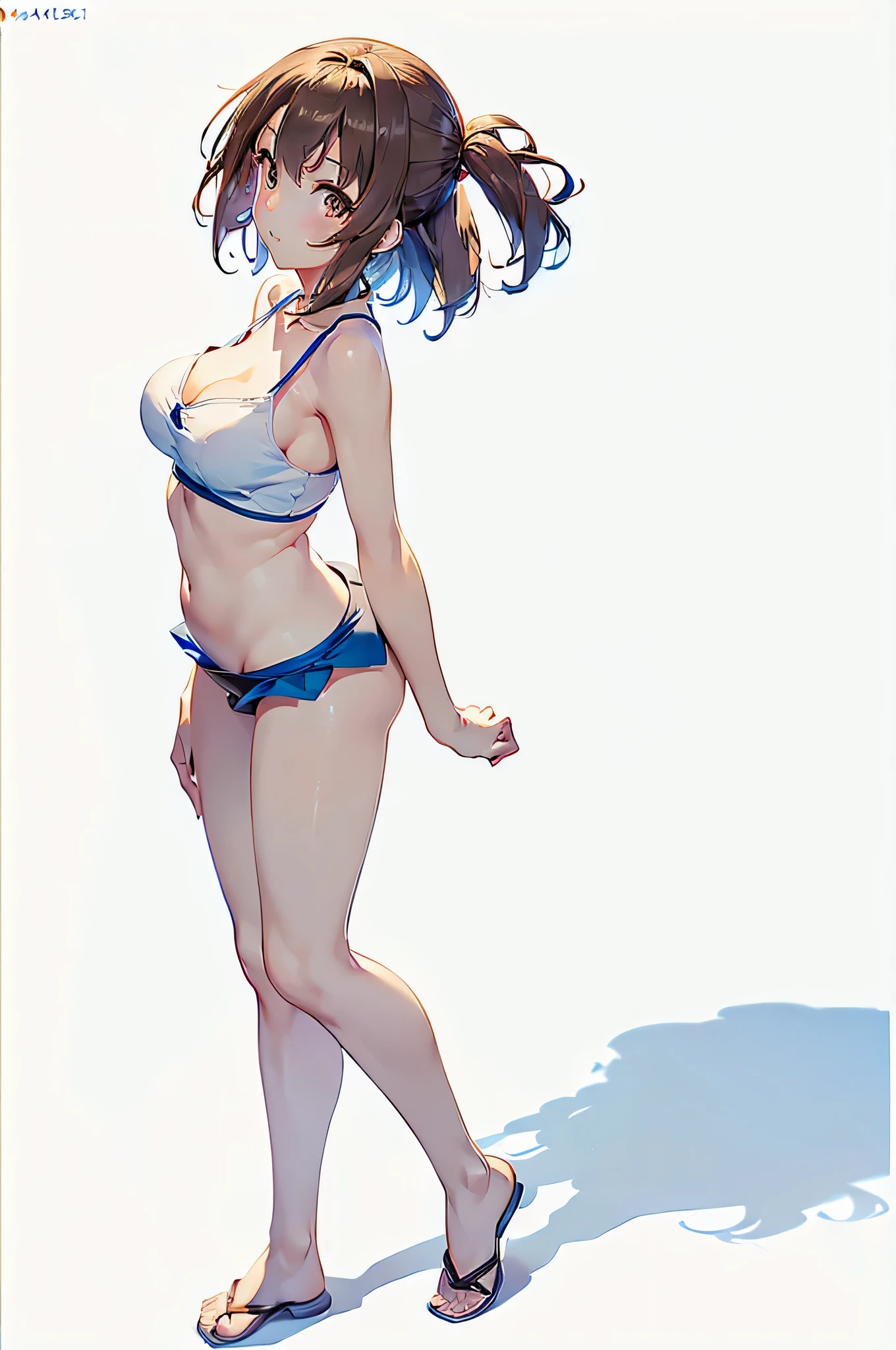 (Best Quality:1.8, High resolution:1.8, masutepiece:1.5), Ultra-detailed, (Realistic:1.5), (1 girl, Solo:2), Happy smile, blush, Lips apart, (Black straight short hair:1.5), (Looking at the viewer:1.5), (blue short tank top:1.5), under the boobs, (Breast cleavage:1.4), (Mini skirt:1.5), lingerie, (Skirt fluttering in the wind:1.3), (Blank white background:2), (standing straight:1.5), (Front view:1.4), (Weak lighting:1.4), (Full body portrait:1.3), (Seen from the front:1.6)