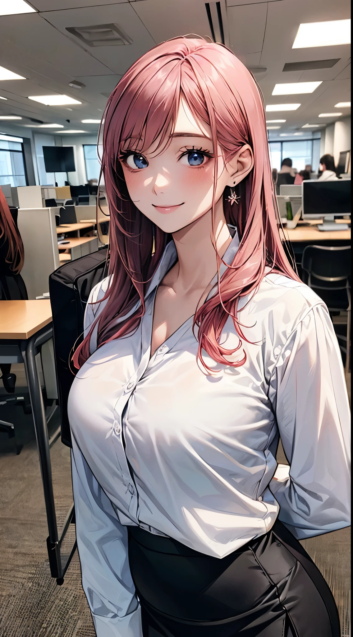 ((((perfect anatomy, super detailed skin)))), 1 girl, japanese, , (detailed ultra-oily shiny skin:1.1), watching the view, (smile:1.5), 
beautiful hair, beautiful face, beautiful detailed eyes, blue eyes, (long hair:1.4, straight hair:1.7), (pink hair), (beautiful large breasts:1.3), 
beautiful clavicle, beautiful body, beautiful chest, beautiful thigh, beautiful legs, beautiful detailed fingers, five fingers, babyface, , st, 
((long sleeves, white collared shirt, black suit jacket, black pencil skirt)), 
(beautiful scenery), office, window, desk, chair, computer, ceiling, ceiling light, standing, 
(8k, top-quality, masterpiece​:1.2, extremely detailed), (photorealistic:1.2), sunlight, beautiful art, visual art, depth of fields, natural lighting,