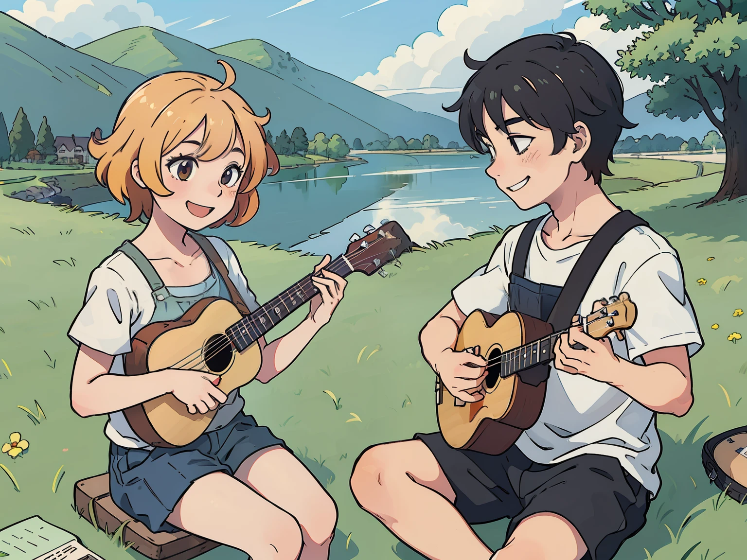 perfect anime Illustration of a, boy sitting on grass having short messy hair, smiling, playing a ukulele, cuooking sideways)), landscape, sideview
