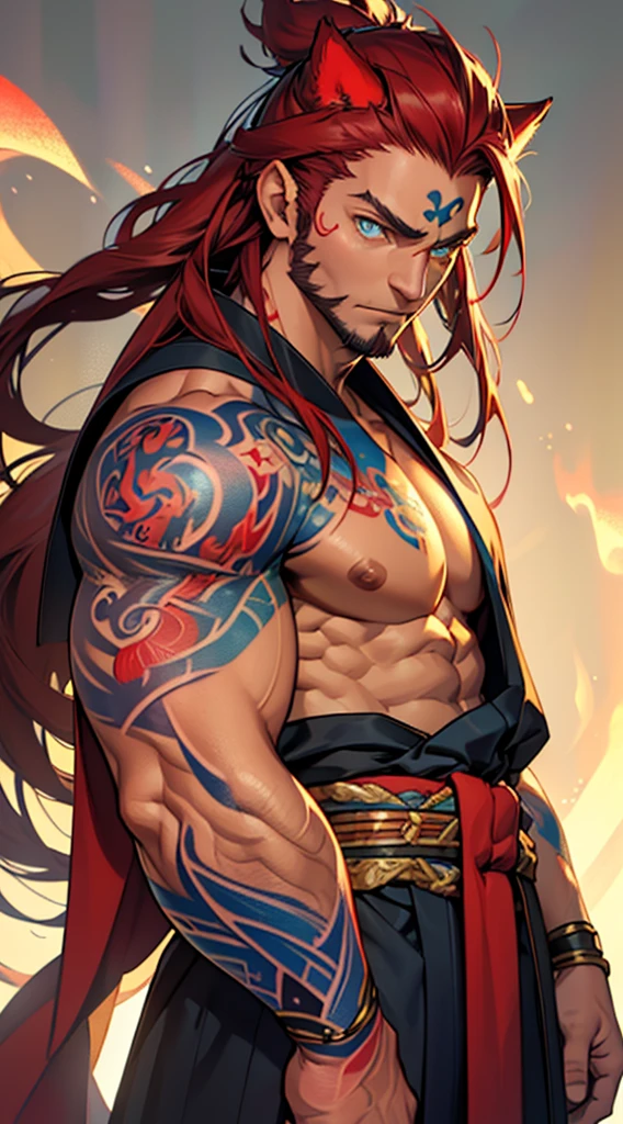 Best quality, masterpiece, ultra high res, one male, cowboy shoot, bara, muscular, mature male,((blue long hair)), (((golden eyes))), furry ears, (((mystic red tatoo on the forhead))), tall, wears a japanese traditional kimono, no background
