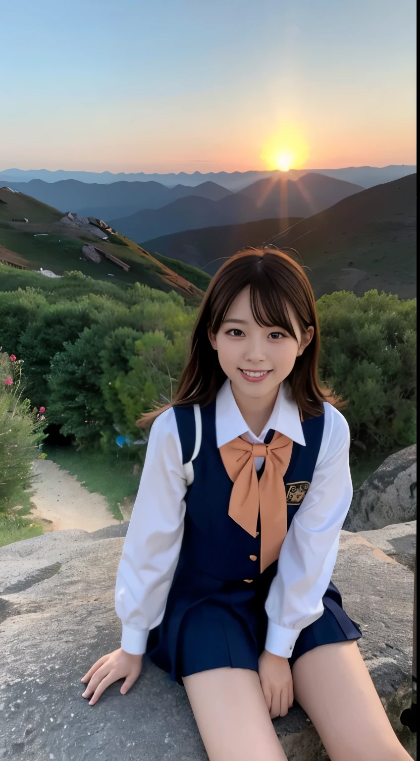 One woman on top of a mountain watching the sunrise in her school uniform,