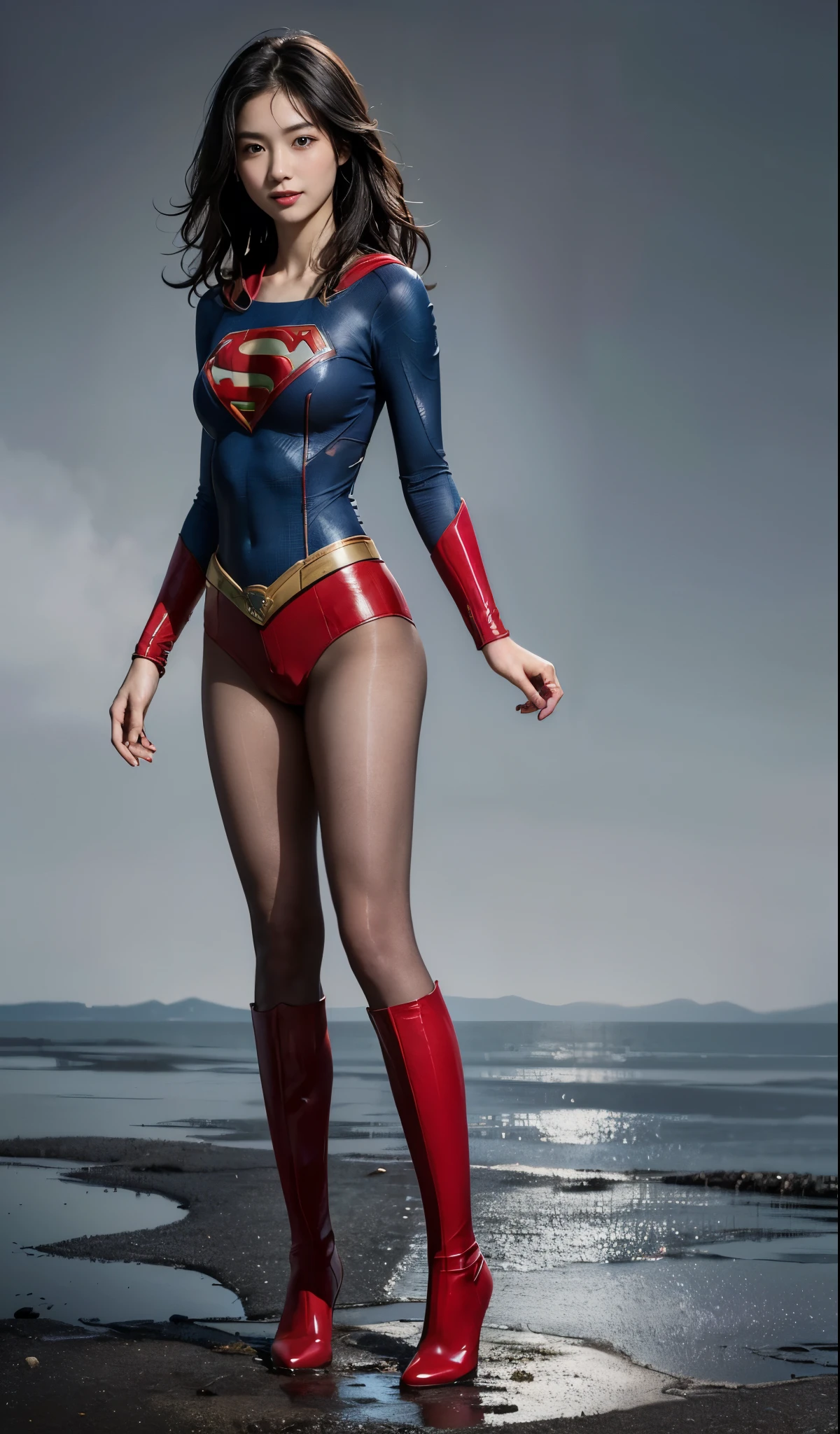 (((Wear black tights on your beautiful legs.)))、(((Grow legs、tall、Legally express the beauty of your smile)))、((((Make the most of the original image)))、(((Supergirl Costume)))、(((beautiful hairl)))、(((Suffering)))、(((Feet must necessarily be worn with black tights)))、(((You need to wear red boots)))、((Top image quality、8K))、((top-quality、8K、​masterpiece:1.3))、(((Keep Background )))、Crisp focus:1.2、Beautiful woman with perfect body shape:1.4、Slender Abs:1.2、a wet body:1.5、Highly detailed facial and skin texture、8K