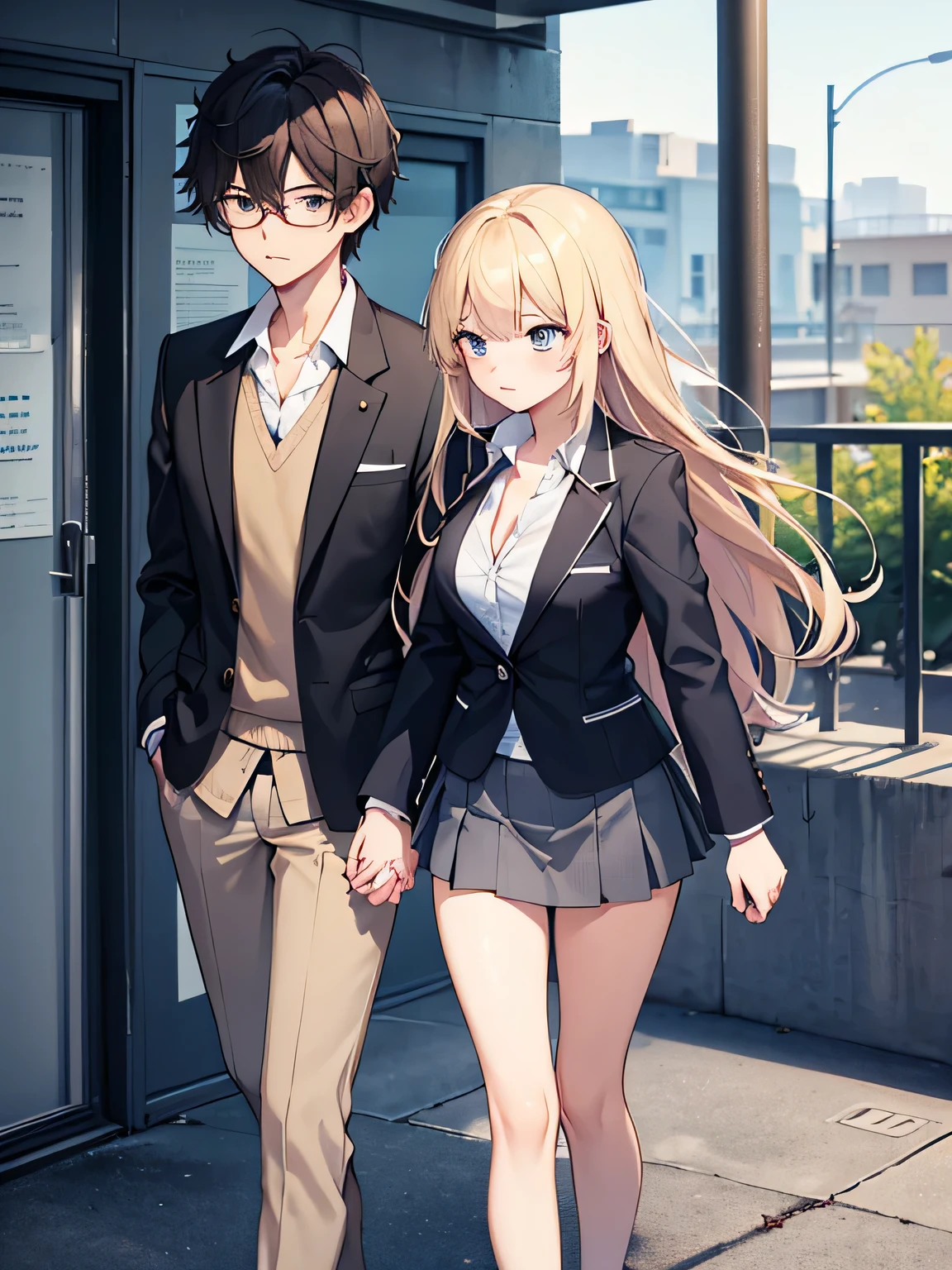 1,man and woman walking hand in hand.
2, The woman is a delinquent high school student with long blonde hair., Mini skirt, unbutton the blazer、The second button of the shirt is undone.
3,The man is a teacher with shaggy black hair and a suit..
4,The location is on the way to school.