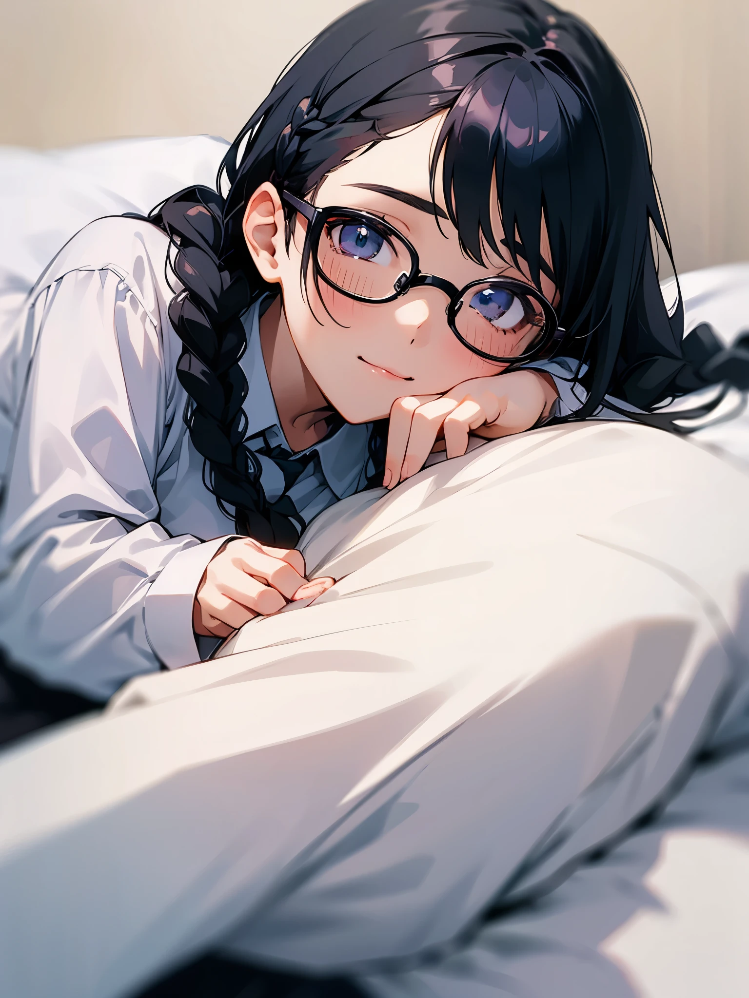 a young cute girl, glasses, braids, black hair, dress shirt, (lie on own side), close up