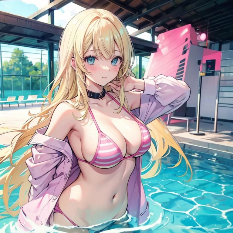 Blonde hair, mint eyes, sexy, large breasts, pink bikini, a hotel swimming pool