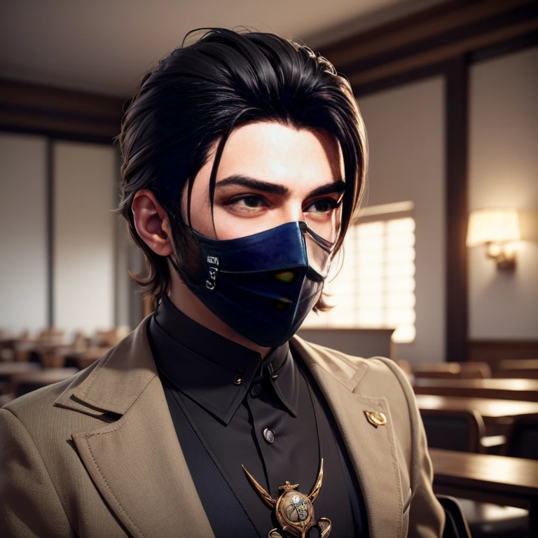 Masterpiece, High quality, Best quality, beau, Disque dur, Realstic, perfect lighting, Detailed face, detailed body, 1 homme, cheveux noirs, yeux bleus, masculinity, Costume uniforme scolaire, (expression terne: 1.5) (visage naturel: 1.5), assis dans la salle de classe