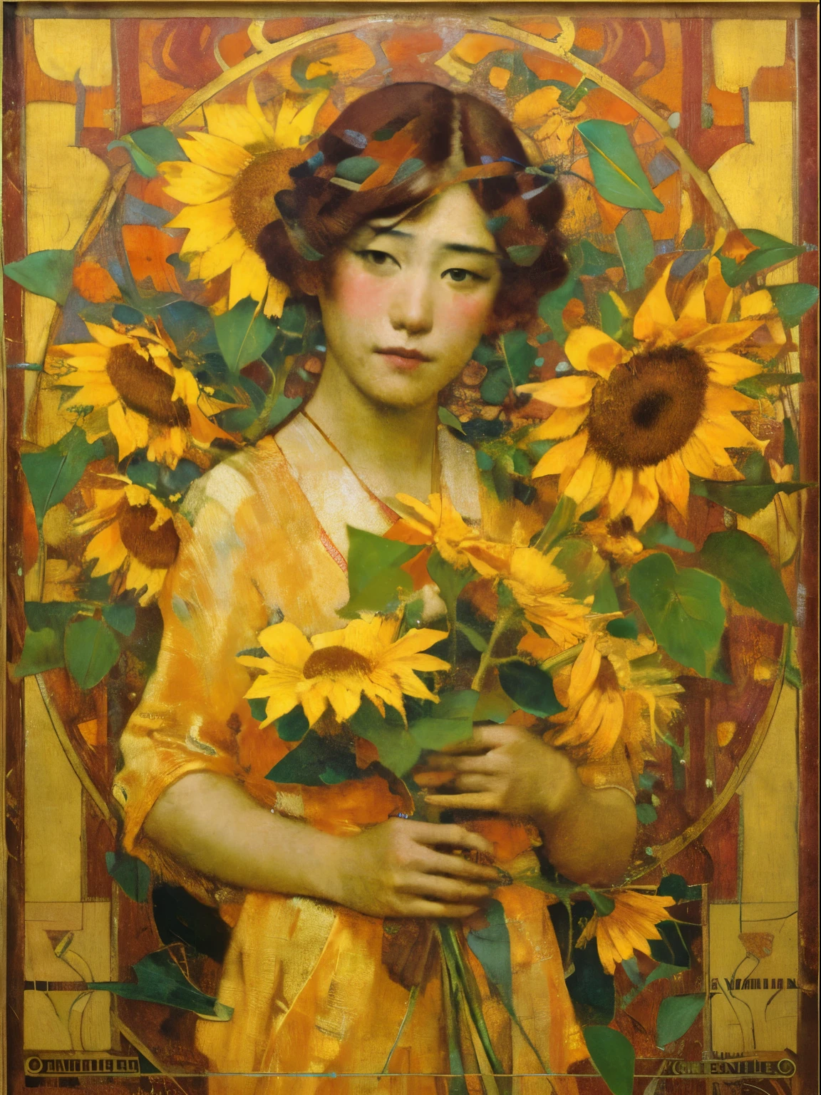 painting of a woman holding a bouquet of sunflowers in front of a golden background, hyperrealistic art nouveau, chie yoshii, andrey remnev, by Yamagata Hiro, mucha klimt and tom bagshaw, inspired by J. C. Leyendecker, inspired by J.C. Leyendecker, inspired by James C. Christensen
