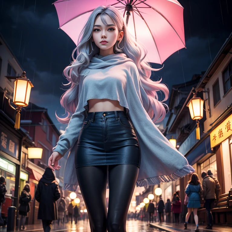 On the rainy playground, The girl hit the umbrella above her head, et tenait un parapluie dans son autre main, Leggings en denim bleu, Masterpiece Superb Night Moon Full Moon 1 Mature Woman Woman, Chinese sister royal sister cold face showing silver long hair woman light pink lips calm intellectual three stripes gray primary school student assassin lantern lantern flower ball background walk street scene, Long-haired shawl,