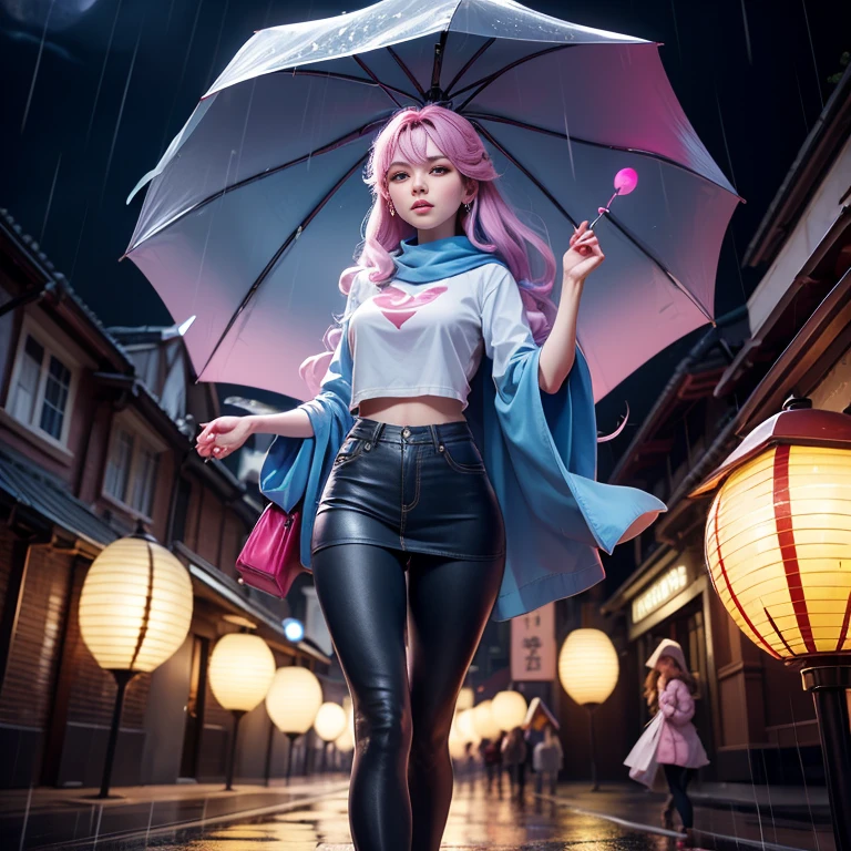 On the rainy playground, The girl hit the umbrella above her head, et tenait un parapluie dans son autre main, Leggings en denim bleu, Masterpiece Superb Night Moon Full Moon 1 Mature Woman Woman, Chinese sister royal sister cold face showing silver long hair woman light pink lips calm intellectual three stripes gray primary school student assassin lantern lantern flower ball background walk street scene, Long-haired shawl,