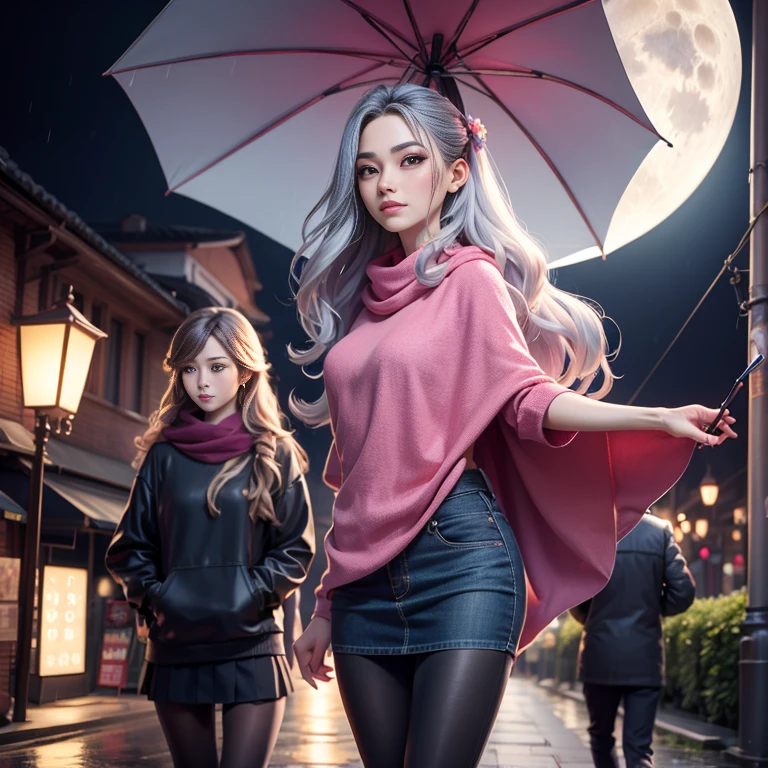 On the rainy playground, The girl hit the umbrella above her head, et tenait un parapluie dans son autre main, Leggings en denim bleu, Masterpiece Superb Night Moon Full Moon 1 Mature Woman Woman, Chinese sister royal sister cold face showing silver long hair woman light pink lips calm intellectual three stripes gray primary school student assassin lantern lantern flower ball background walk street scene, Long-haired shawl,