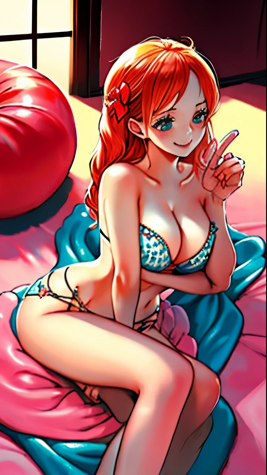 body: pale skin, strawberry blonde hair, girl, hair down,  slightly freckled, slight overweight, soft, busty, navel
clothing: hair ribbon, thin sheer robe, low opacity fabric
pose: blushing, slightly smiling, bliss, lying down, legs parted, hands in panties
setting: sauna
aesthetic: average person, soft face, well lit room, soft eyes, MILF, mature woman