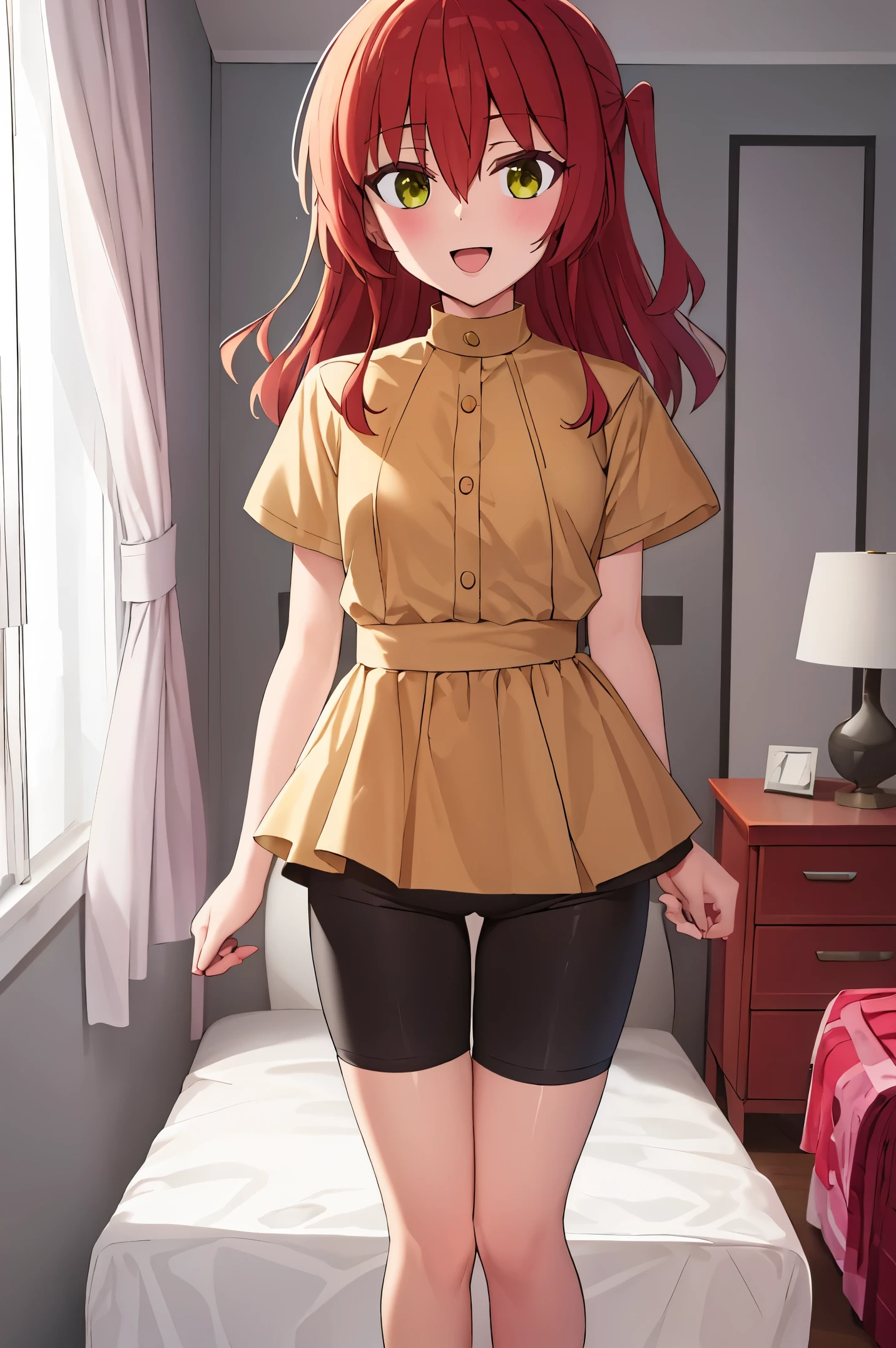 1 girl, best quality, ultra high res, long hair, red hair, green eyes, looking at viewers, small breast, standing, pov, slim body, loli body, small body, smile, open mouth, yellow shirt, short sleeves, bike shorts, bedroom, white bed sheets,