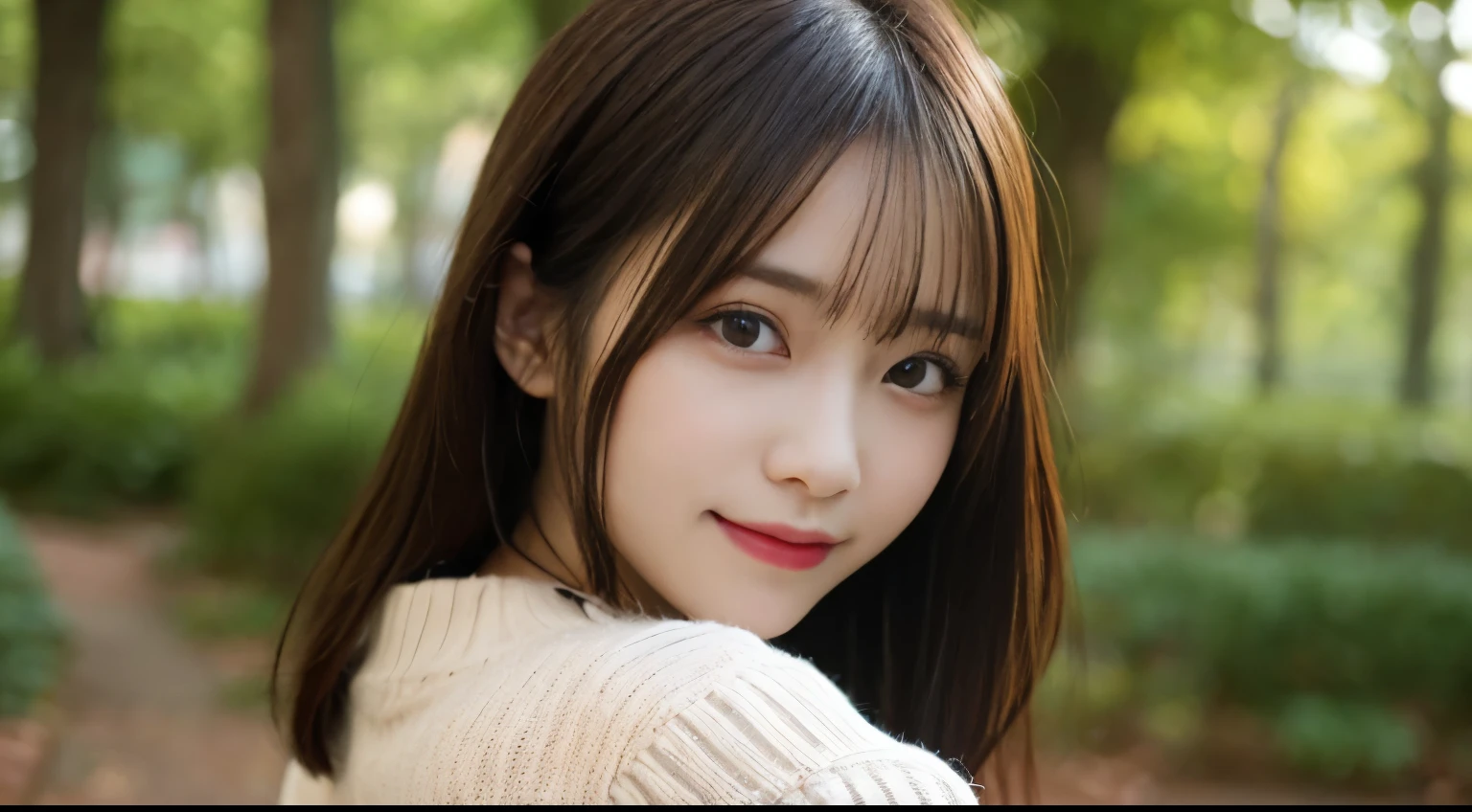 masutepiece, Best Quality, Illustration, Ultra-detailed, finely detail, hight resolution, 8K Wallpaper, Perfect dynamic composition, Beautiful detailed eyes, she is wearing a black long sleeve knit,Medium Hair,Natural Color Lip,Smile,Harajuku、20 years girl、Bust up angle looking at camera、Arms behind your back、hands are never visible、C Cup、Brown hair、cacique#39;s face、Blurred forest background