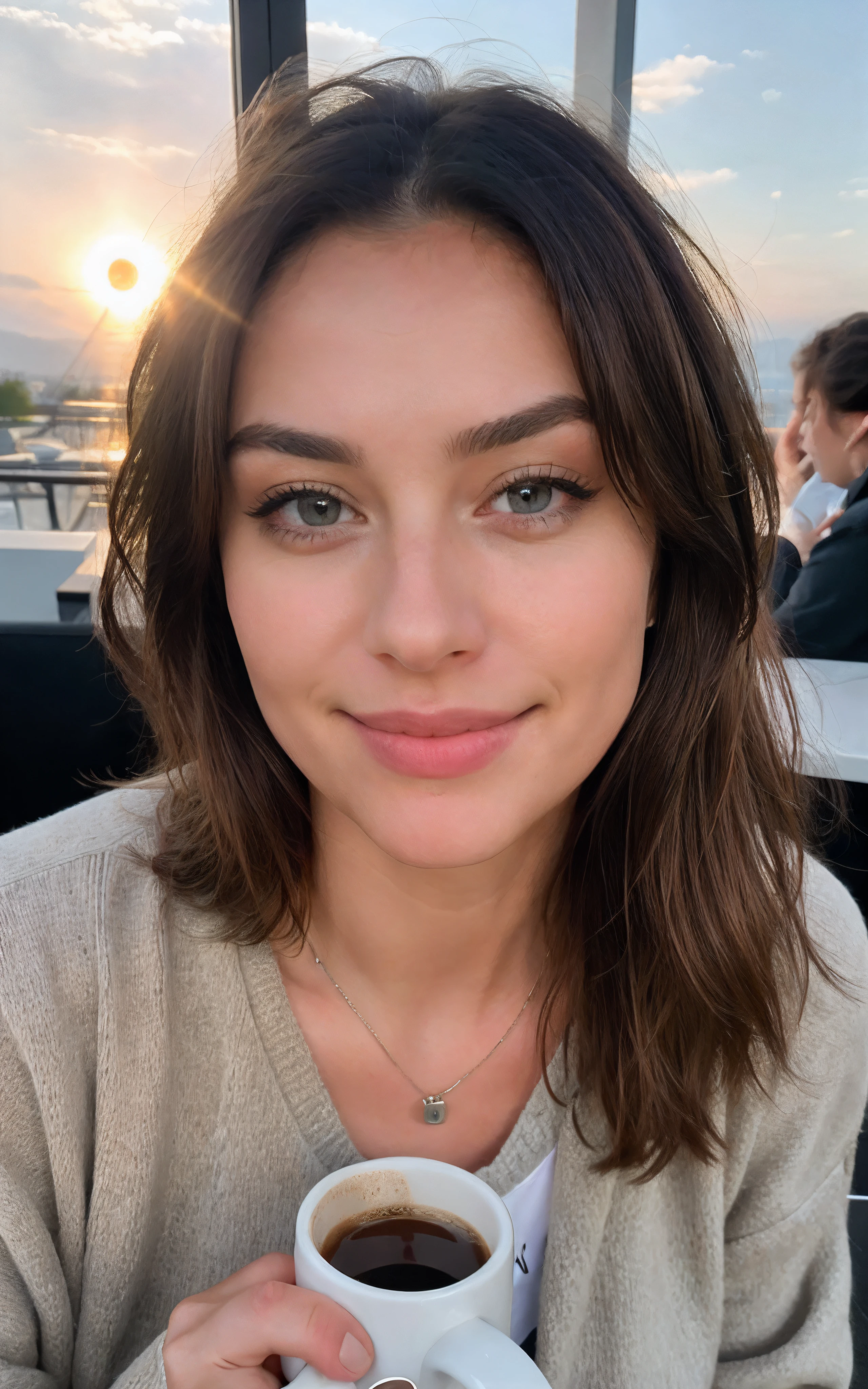 Cute beautiful blonde with yellow sweater (Drinking coffee in a modern café at sunset), sehr detailliert, , unschuldiges Gesicht, naturally wavy hair, blaue Augen, high-res, Meisterwerk, best qulaity, komplizierte Details, sehr detailliert, scharf Fokus, detaillierte Haut, realistische Hauttextur, Textur, detaillierte Augen, professionell, 4k, charming smile, aufgenommen mit Canon, 85 mm, light depth of field, Kodak Vision-Farbe, perfectly fitting body, extrem detailliert, Foto_\(ultra\), fotorealistisch, realistisch, Nachbearbeitung, maximale Details, Rauheit, echtes Leben, ultrarealistisch, Fotorealismus, Fotografie, 8k uhd, Fotografie