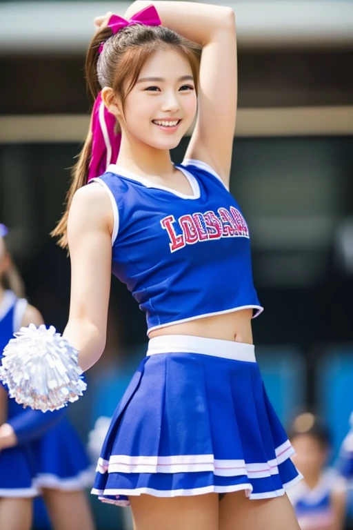 top-quality、​masterpiece、hight resolution、4K、real 18 year old woman、cheer girl、cheerleaders、a miniskirt、a smile、Hairstyle is ponytail、1girl in、