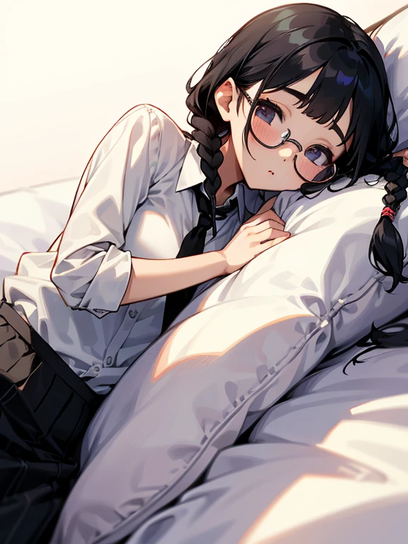 a young cute girl, glasses, braids, black hair, dress shirt, (lie on own side)