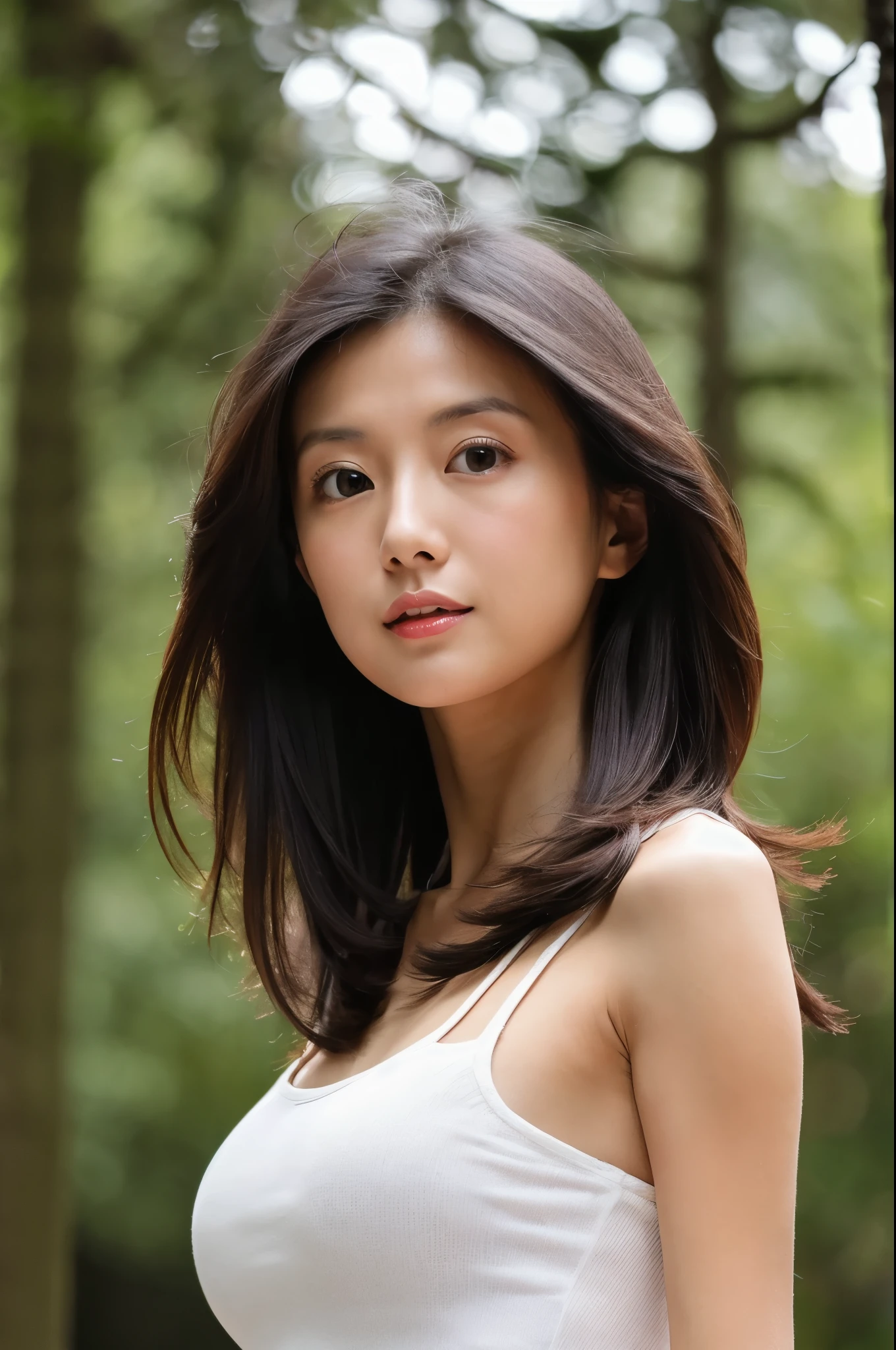 (High reality photograph, high resolusion, detailed face, detailed eyes) Skinny Japanese lady, 30 years old, cute face, various face expression, various hair style, skinny figure, medium breasts, very thin waist, wearing tight shirt and skirt, alone in forest