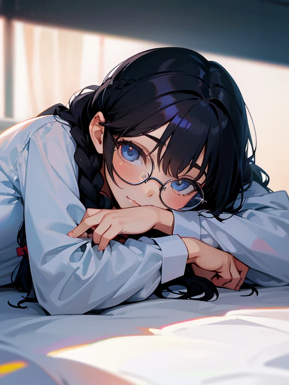 (lie on own side), close up, a young cute girl, glasses, braids, black hair, dress shirt