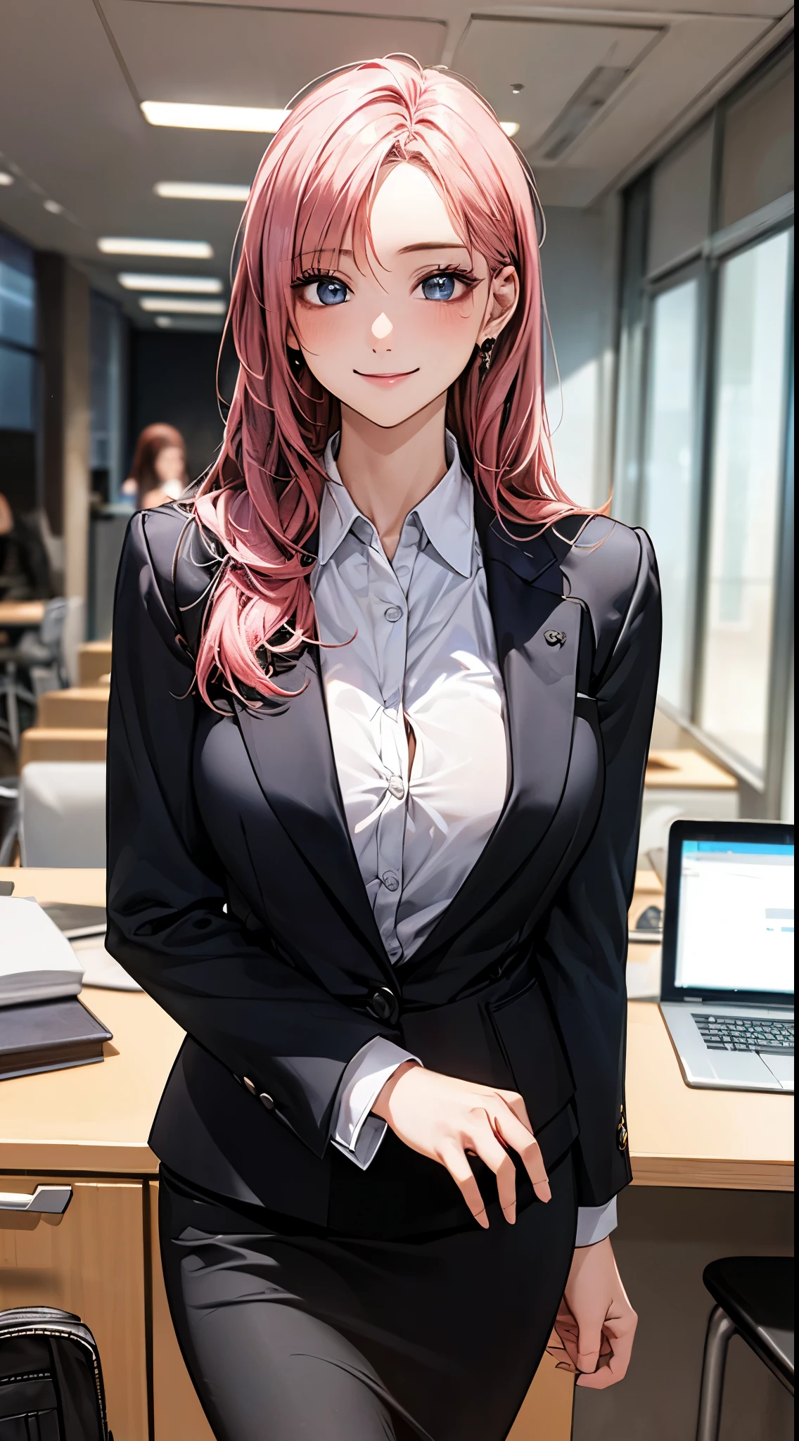 ((((perfect anatomy, super detailed skin)))), 1 girl, japanese, 17 years old, (detailed ultra-oily shiny skin:1.1), watching the view, (smile:1.5),
beautiful hair, beautiful face, beautiful detailed eyes, blue eyes, (long hair:1.4, straight hair:1.7), (pink hair), (beautiful large breasts:1.3),
beautiful clavicle, beautiful body, beautiful chest, beautiful thigh, beautiful legs, beautiful detailed fingers, five fingers, babyface, , breast,
((long sleeves, white collared shirt, black suit jacket, black pencil skirt), id card, strap),
(beautiful scenery), office, window, desk, chair, computer, ceiling, ceiling light, standing,
(8k, top-quality, masterpiece:1.2, extremely detailed), (photorealistic:1.2), sunlight, beautiful art, visual art, depth of fields, natural lighting,