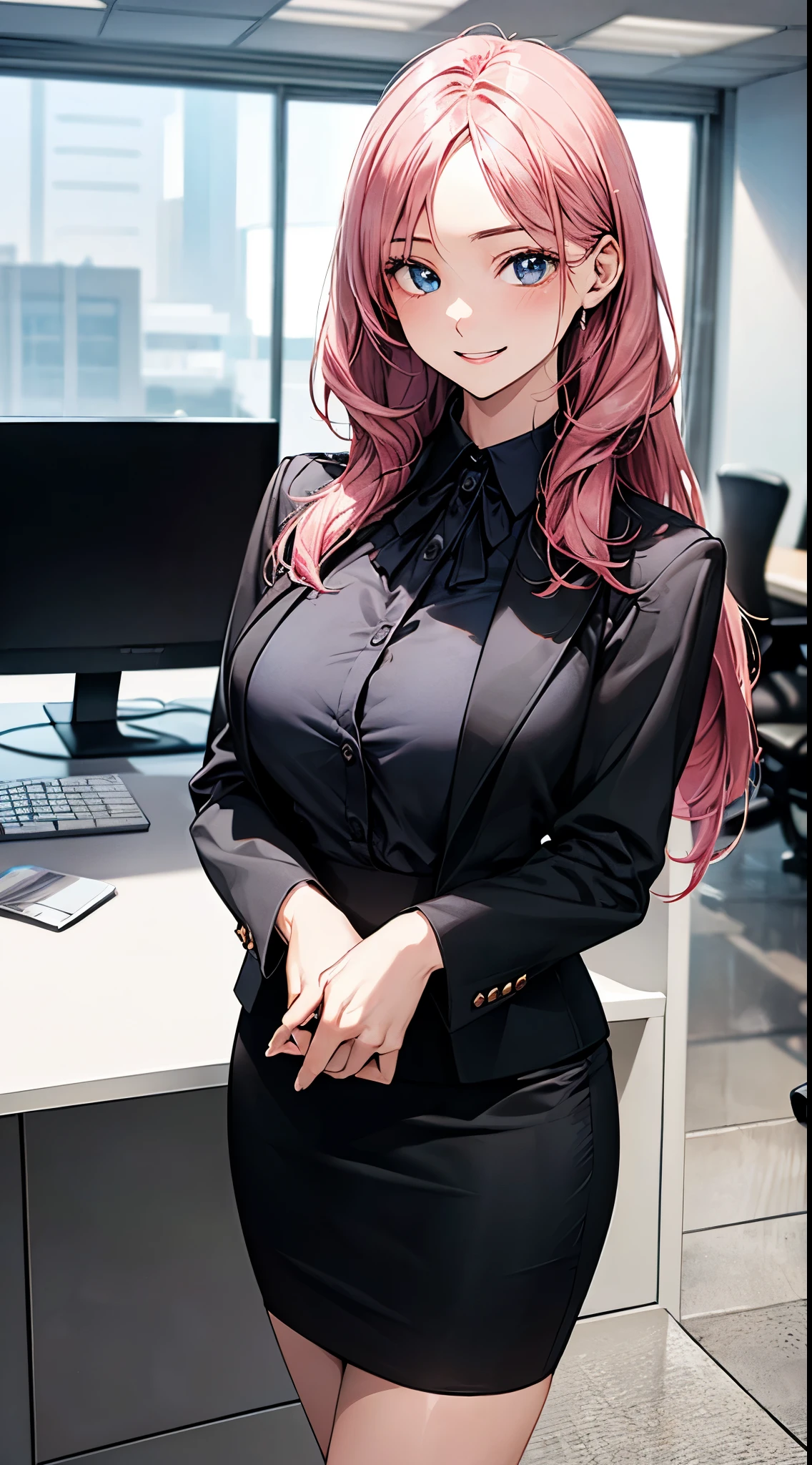 ((((perfect anatomy, super detailed skin)))), 1 girl, japanese, , (detailed ultra-oily shiny skin:1.1), watching the view, (smile:1.5), 
beautiful hair, beautiful face, beautiful detailed eyes, blue eyes, (long hair:1.4, straight hair:1.7), (pink hair), (beautiful large breasts:1.3), 
beautiful clavicle, beautiful body, beautiful chest, beautiful thigh, beautiful legs, beautiful detailed fingers, five fingers, babyface, , st, 
((long sleeves, white collared shirt, black suit jacket, black pencil skirt), id card, strap), 
(beautiful scenery), office, window, desk, chair, computer, ceiling, ceiling light, standing, 
(8k, top-quality, masterpiece​:1.2, extremely detailed), (photorealistic:1.2), sunlight, beautiful art, visual art, depth of fields, natural lighting,