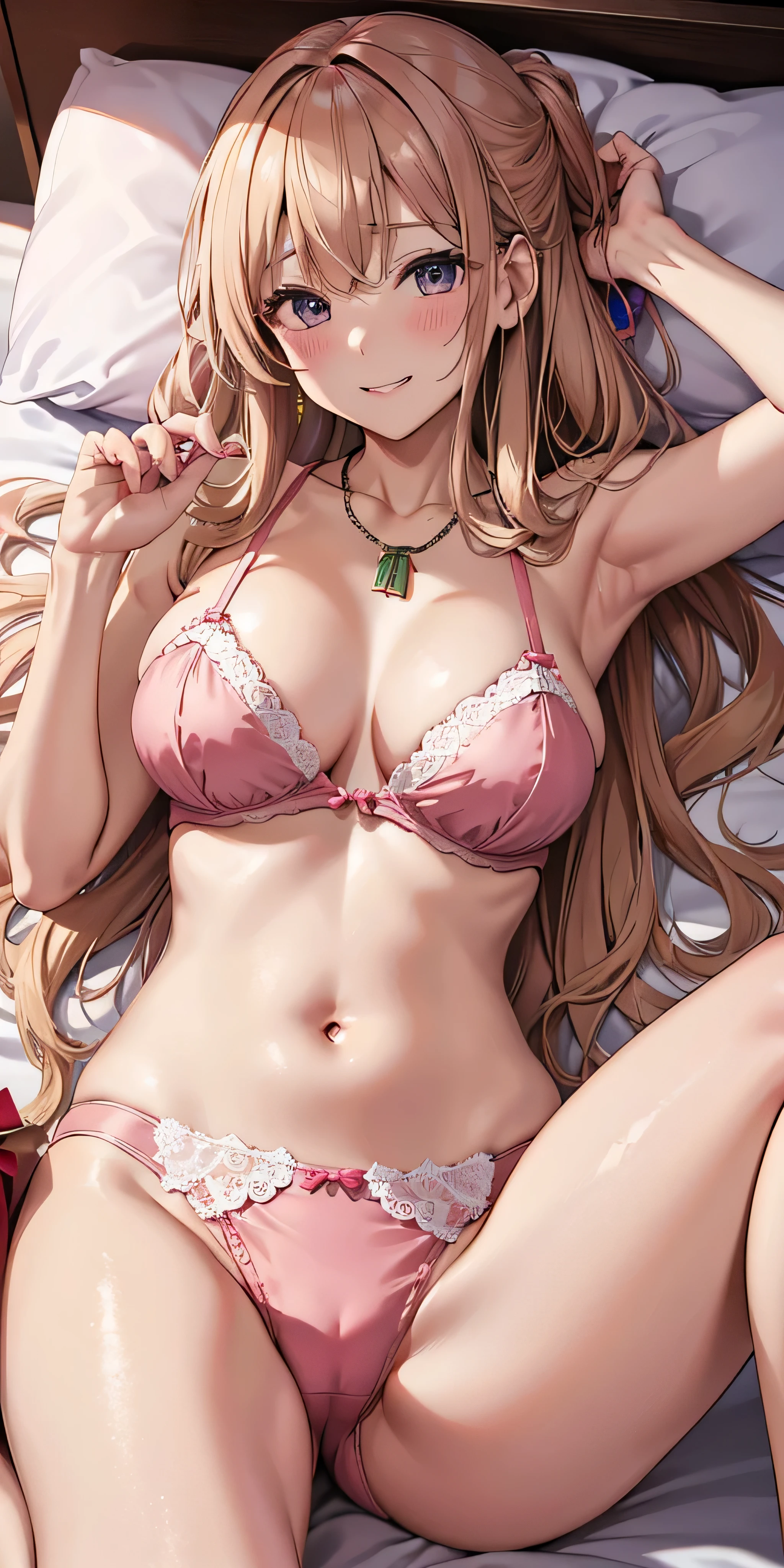 masutepiece, Best Quality,  the Extremely Detailed CG Unity 8K Wallpapers,  Sexy Santa Claus , Long dark blonde wavy hair、, Big necklace、耳环、Medium milk, , Emphasis on the chest, Blushing, Shy laughter, 、、a luxury hotel room、、Very embarrassing panic smile, 、(opens legs、Pink bra、Touch your chest with both hands、Pink lace panties、lying on the bed、Kamimei)、