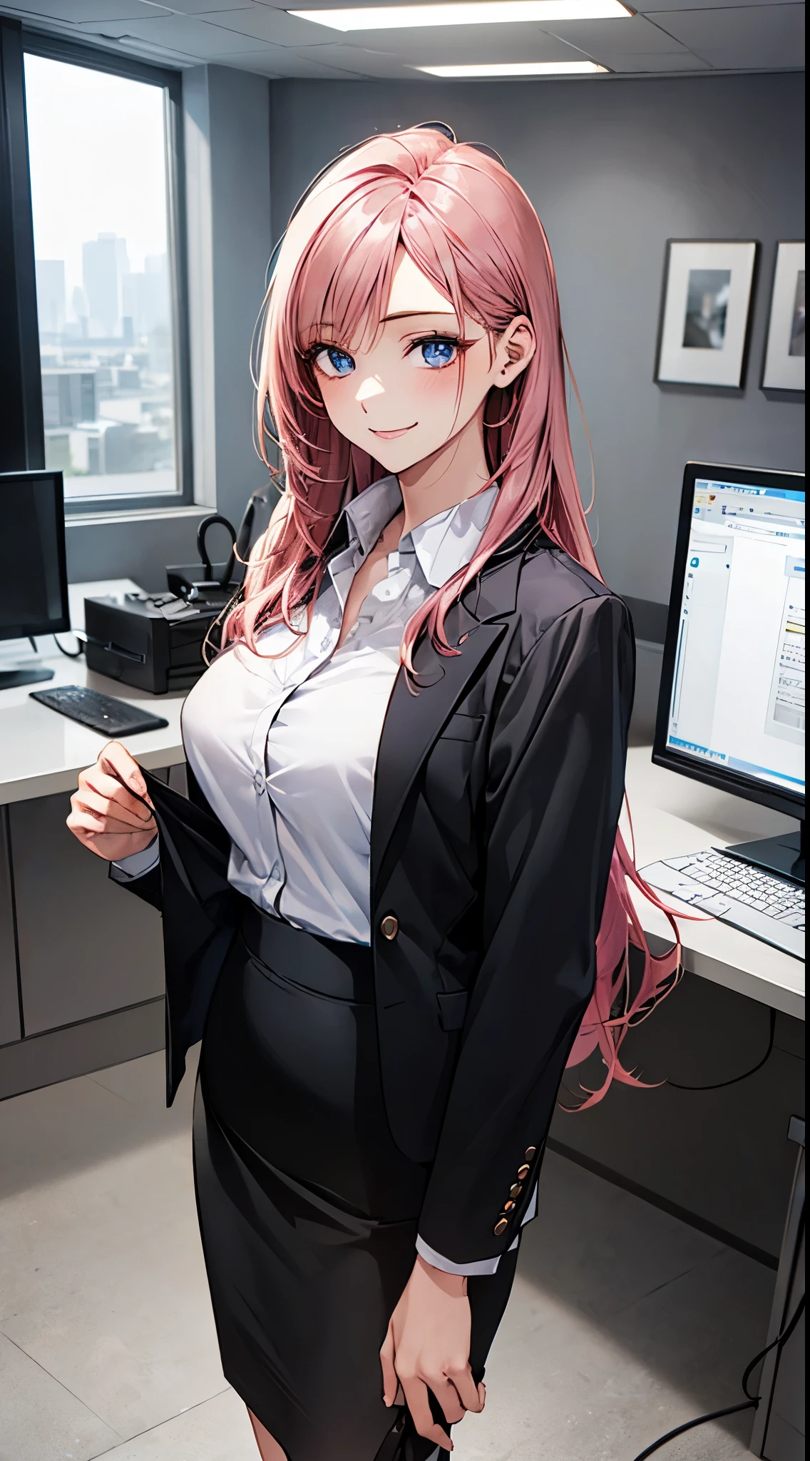 ((((perfect anatomy, super detailed skin)))), 1 girl, japanese, 17 years old, (detailed ultra-oily shiny skin:1.1), watching the view, (smile:1.5),
beautiful hair, beautiful face, beautiful detailed eyes, blue eyes, (long hair:1.4, straight hair:1.7), (pink hair), (beautiful large breasts:1.3),
beautiful clavicle, beautiful body, beautiful chest, beautiful thigh, beautiful legs, beautiful detailed fingers, five fingers, babyface, , breast,
((long sleeves, white collared shirt, black suit jacket, black pencil skirt), id card, strap),
(beautiful scenery), office, window, desk, chair, computer, ceiling, ceiling light, standing,
(8k, top-quality, masterpiece:1.2, extremely detailed), (photorealistic:1.2), sunlight, beautiful art, visual art, depth of fields, natural lighting,
