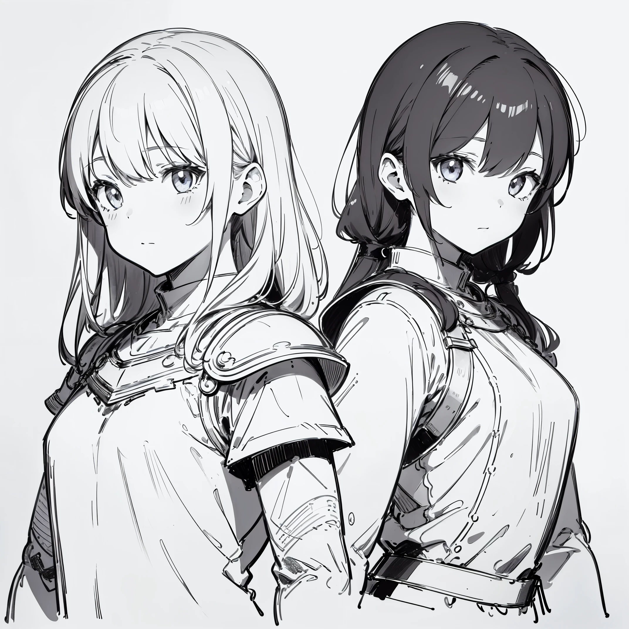 ((masterpiece)),(((best quality))),((((sketch)))),((monochrome)),(character design sheet), same character, front, side, back), illustration, (2 boy), hair color, bangs, hairstyle fax, (armor style), (simple background, white background: 1.3), --6