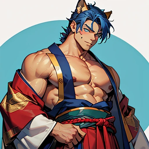 Best quality, masterpiece, ultra high res, one sexy male, cowboy shoot, bara, muscular, mature male, (blue hair), (((golden eyes))), furry ears, (mystic red mark on the forhead), tall, wears a japanese traditional kimono, no background
