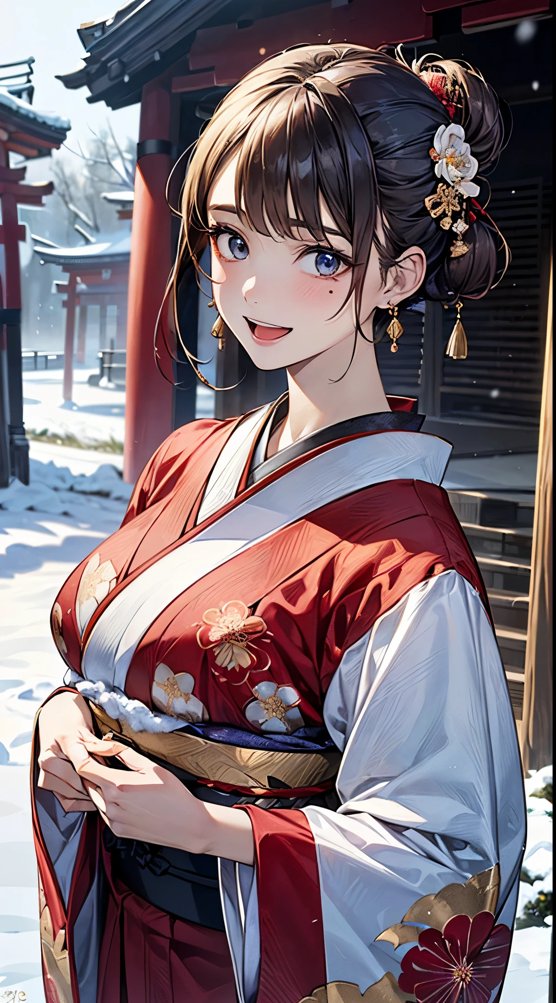 ((perfect anatomy, anatomically correct, super detailed skin)),
1 girl, japanese, , shiny skin, large breasts:0.5, looking up, watching the view,
beautiful hair, beautiful face, beautiful detailed eyes, (middle hair:1.5, half updo:1.7), blown hair, blue eyes, babyface, mole under eye,
(((traditional japanese clothing:1.2, (red fabric), fwith an intricate flower pattern:1.3, with gold embroidery:1.2, muffler, luxurious hair ornament))),
((smile:1.5, open mouth)), standing, walking, holding wallet, waving,
(beautiful scenery), winter, dawn, (new year's day, first visit), hokkaido, sapporo, outside shrine, crowd, snow, snowfall:1.5, freezing weather, frost,
(8k, top-quality, masterpiece:1.2, extremely detailed), (photorealistic:1.2), sunlight, beautiful art, visual art, depth of fields, natural lighting,