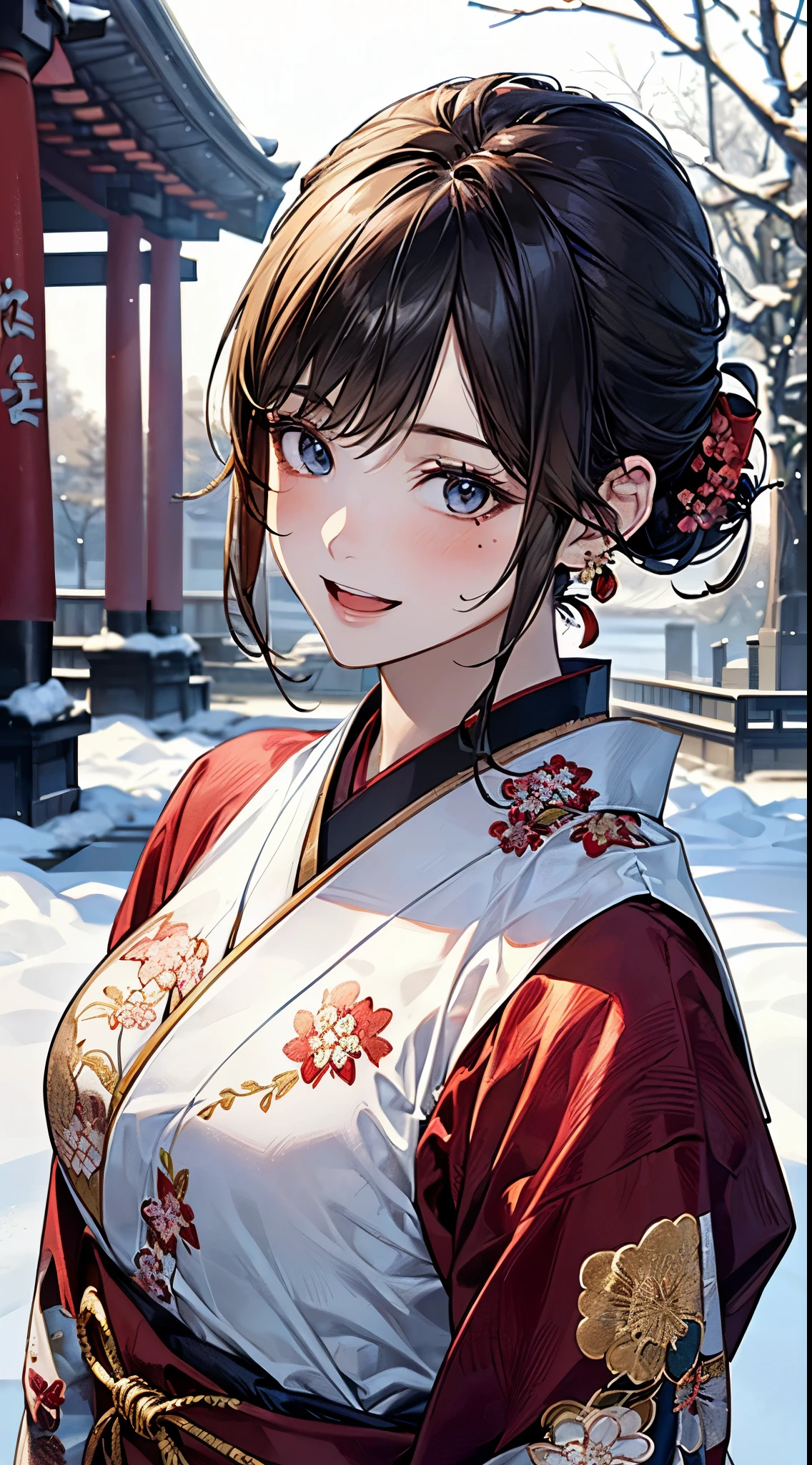 ((perfect anatomy, anatomically correct, super detailed skin)),
1 girl, japanese, , shiny skin, large breasts:0.5, looking up, watching the view,
beautiful hair, beautiful face, beautiful detailed eyes, (middle hair:1.5, half updo:1.7), blown hair, blue eyes, babyface, mole under eye,
(((traditional japanese clothing:1.2, (red fabric), fwith an intricate flower pattern:1.3, with gold embroidery:1.2, muffler, luxurious hair ornament))),
((smile:1.5, open mouth)), standing, walking, holding wallet, waving,
(beautiful scenery), winter, dawn, (new year's day, first visit), hokkaido, sapporo, outside shrine, crowd, snow, snowfall:1.5, freezing weather, frost,
(8k, top-quality, masterpiece:1.2, extremely detailed), (photorealistic:1.2), sunlight, beautiful art, visual art, depth of fields, natural lighting,
