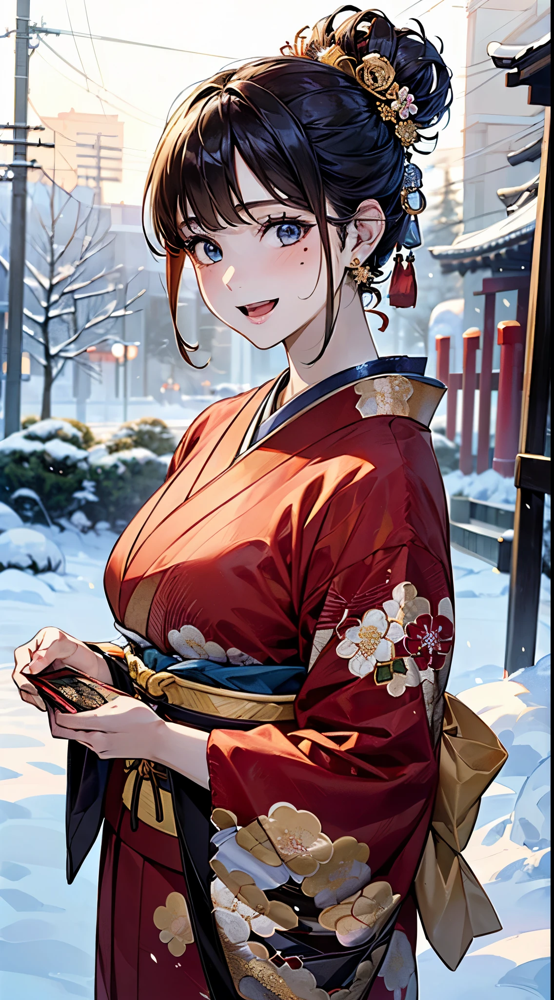 ((perfect anatomy, anatomically correct, super detailed skin)),
1 girl, japanese, , shiny skin, large breasts:0.5, looking up, watching the view,
beautiful hair, beautiful face, beautiful detailed eyes, (middle hair:1.5, half updo:1.7), blown hair, blue eyes, babyface, mole under eye,
(((traditional japanese clothing:1.2, (red fabric), fwith an intricate flower pattern:1.3, with gold embroidery:1.2, muffler, luxurious hair ornament))),
((smile:1.5, open mouth)), standing, walking, holding wallet, waving,
(beautiful scenery), winter, dawn, (new year's day, first visit), hokkaido, sapporo, outside shrine, crowd, snow, snowfall:1.5, freezing weather, frost,
(8k, top-quality, masterpiece:1.2, extremely detailed), (photorealistic:1.2), sunlight, beautiful art, visual art, depth of fields, natural lighting,