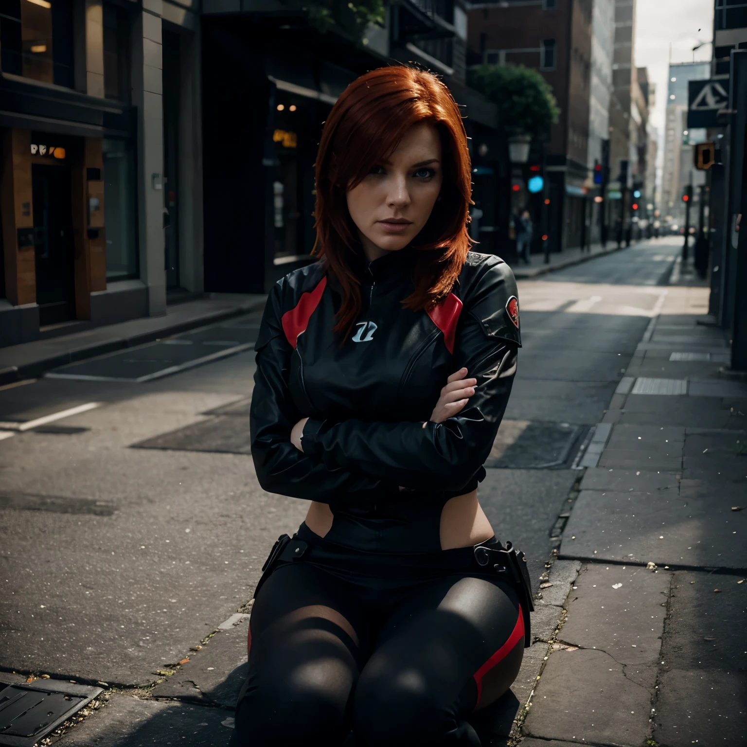 beautiful full body girl ,red hair, star theron made of circuits and small metal parts, , is surrounded by bloody branches ,behind him a rusty metal wall,inked Alita manga style,futuristic dystopian landscape, heavy mist, at the edge of a mountain, with a big tower