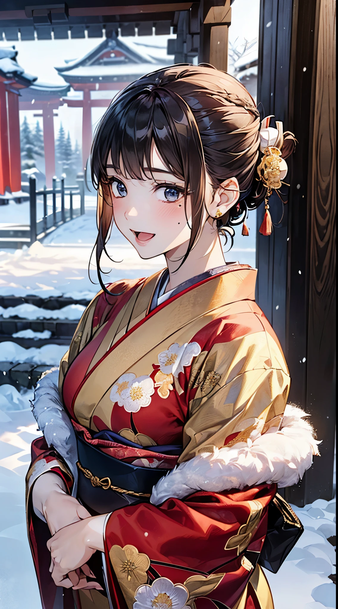 ((perfect anatomy, anatomically correct, super detailed skin)),
1 girl, japanese, 16 years old, shiny skin, large breasts:0.5, looking up, watching the view,
beautiful hair, beautiful face, beautiful detailed eyes, (middle hair:1.5, half updo:1.7), blown hair, blue eyes, babyface, mole under eye,
(((traditional japanese clothing:1.2, (red fabric), fwith an intricate flower pattern:1.3, with gold embroidery:1.2, muffler, luxurious hair ornament))),
((smile:1.5, open mouth)), standing, walking, holding wallet, waving,
(beautiful scenery), winter, dawn, (new year's day, first visit), hokkaido, sapporo, outside shrine, crowd, snow, snowfall:1.5, freezing weather, frost,
(8k, top-quality, masterpiece:1.2, extremely detailed), (photorealistic:1.2), sunlight, beautiful art, visual art, depth of fields, natural lighting,