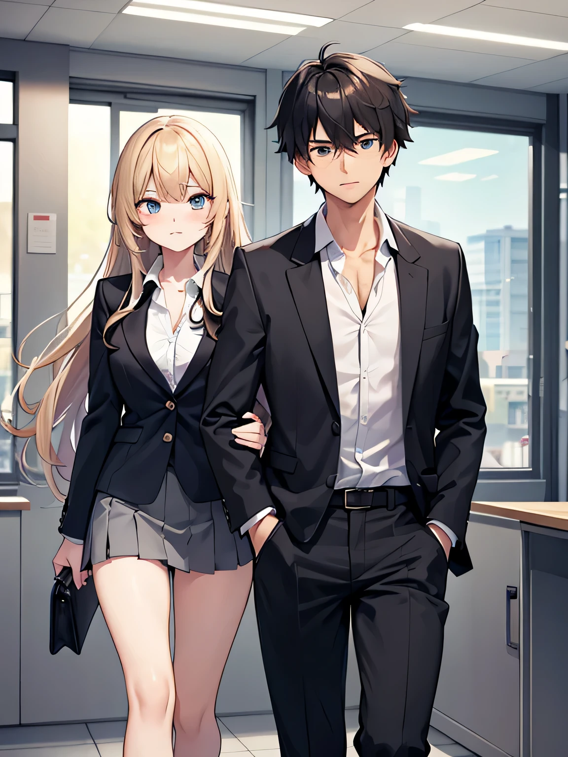 1,man and woman walking hand in hand.
2, The woman is a delinquent high school student with long blonde hair., Mini skirt, unbutton the blazer、The second button of the shirt is undone.
3,The man is a teacher with shaggy black hair and a suit..
4,The location is on the way to school.