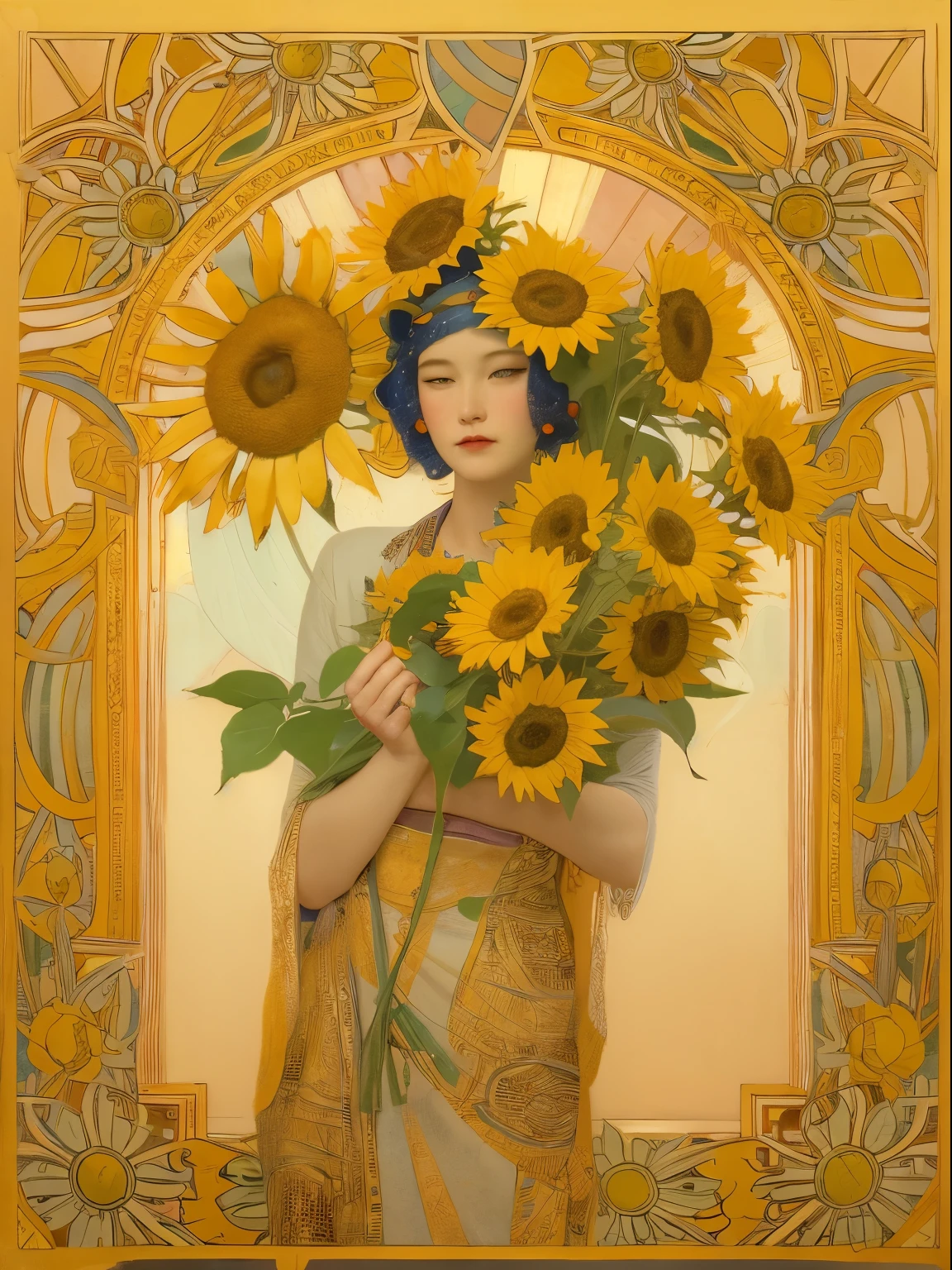 painting of a woman holding a bouquet of sunflowers in front of a golden background, hyperrealistic art nouveau, chie yoshii, andrey remnev, by Yamagata Hiro, mucha klimt and tom bagshaw, inspired by J. C. Leyendecker, inspired by J.C. Leyendecker, inspired by James C. Christensen