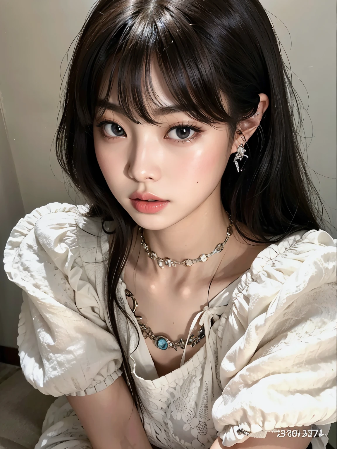 um close up de jennie usando um vestido branco e um colar, branco hime corte penteado, Ulzzang, O corte Hime, pale fair skin!!, Shikami, preto hime corte cabelo, cruel korean goth girl, Chiho, small heart - shaped face, linda Delphine, Lalisa Manobal, pale porcelain white skin, anime vibes, jennie blackpink