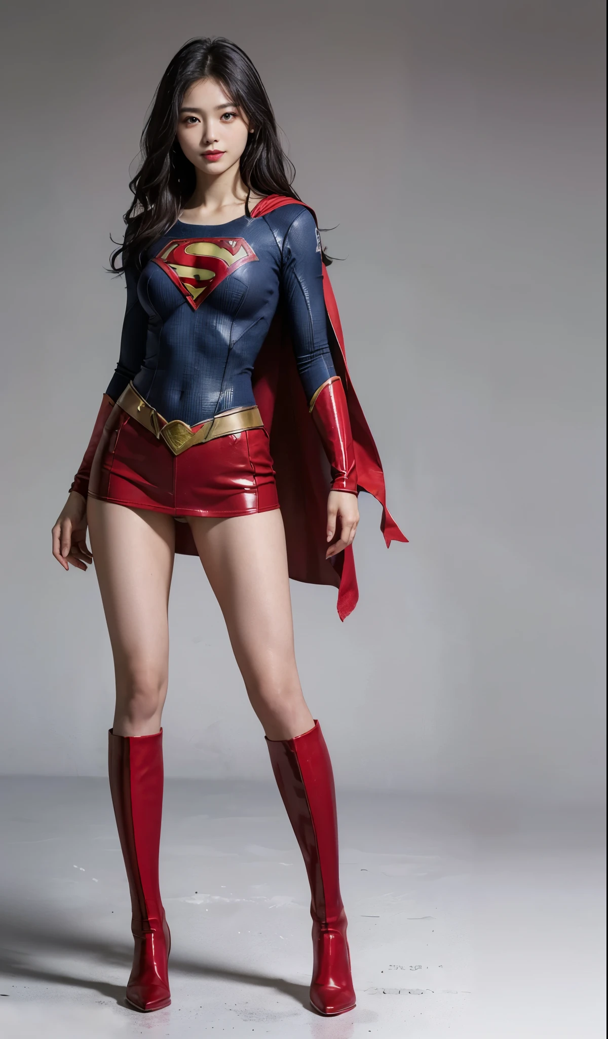 (((Wear black tights on your beautiful legs.)))、(((Grow legs、tall、Legally express the beauty of your smile)))、((((Make the most of the original image)))、(((Supergirl Costume)))、(((beautiful hairl)))、(((Suffering)))、(((Feet must necessarily be worn with black tights)))、(((You need to wear red boots)))、((Top image quality、8K))、((top-quality、8K、masterpiece:1.3))、(((Keep Background )))、Crisp focus:1.2、Beautiful woman with perfect body shape:1.4、Slender Abs:1.2、a wet body:1.5、Highly detailed facial and skin texture、8K