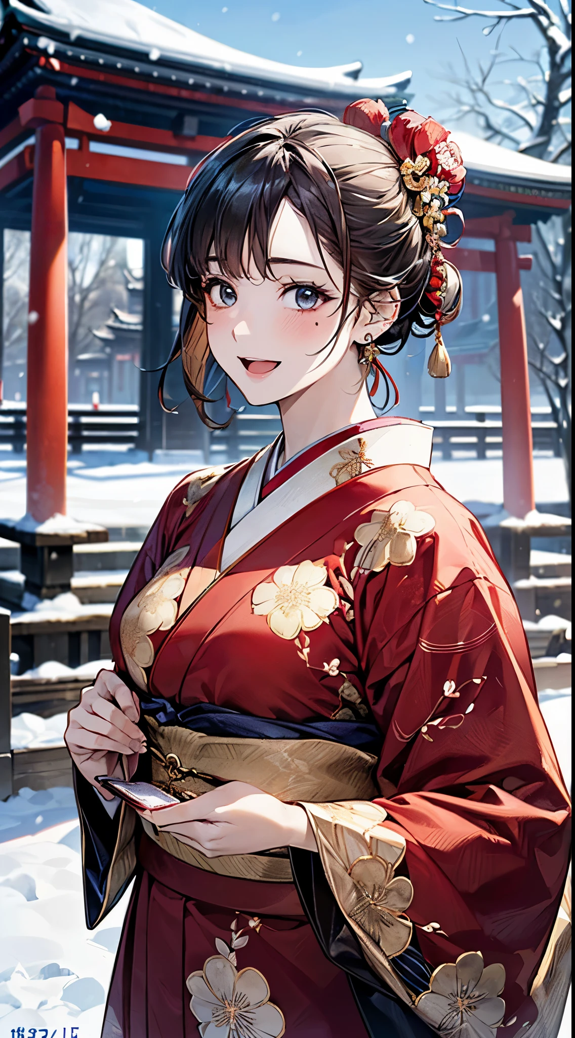 ((perfect anatomy, anatomically correct, super detailed skin)),
1 girl, japanese, , shiny skin, large breasts:0.5, looking up, watching the view, front view,
beautiful hair, beautiful face, beautiful detailed eyes, (middle hair:1.5, half updo:1.7), blown hair, blue eyes, babyface, mole under eye,
(((traditional japanese clothing:1.2, (red fabric), fwith an intricate flower pattern:1.3, with gold embroidery:1.2, muffler, luxurious hair ornament))),
((smile:1.5, open mouth)), standing, walking, holding wallet, waving,
(beautiful scenery), winter, dawn, (new year's day, first visit), hokkaido, sapporo, outside shrine, crowd, snow, snowfall:1.5, freezing weather, frost,
(8k, top-quality, masterpiece:1.2, extremely detailed), (photorealistic:1.2), sunlight, beautiful art, visual art, depth of fields, natural lighting,