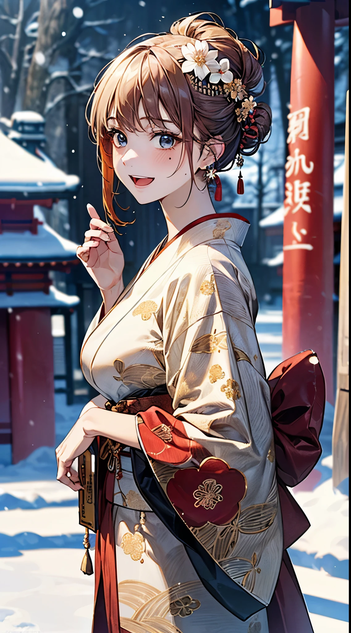 ((perfect anatomy, anatomically correct, super detailed skin)),
1 girl, japanese, 16 years old, shiny skin, large breasts:0.5, looking up, watching the view, front view,
beautiful hair, beautiful face, beautiful detailed eyes, (middle hair:1.5, half updo:1.7), blown hair, blue eyes, babyface, mole under eye,
(((traditional japanese clothing:1.2, (red fabric), fwith an intricate flower pattern:1.3, with gold embroidery:1.2, muffler, luxurious hair ornament))),
((smile:1.5, open mouth)), standing, walking, holding wallet, waving,
(beautiful scenery), winter, dawn, (new year's day, first visit), hokkaido, sapporo, outside shrine, crowd, snow, snowfall:1.5, freezing weather, frost,
(8k, top-quality, masterpiece:1.2, extremely detailed), (photorealistic:1.2), sunlight, beautiful art, visual art, depth of fields, natural lighting,