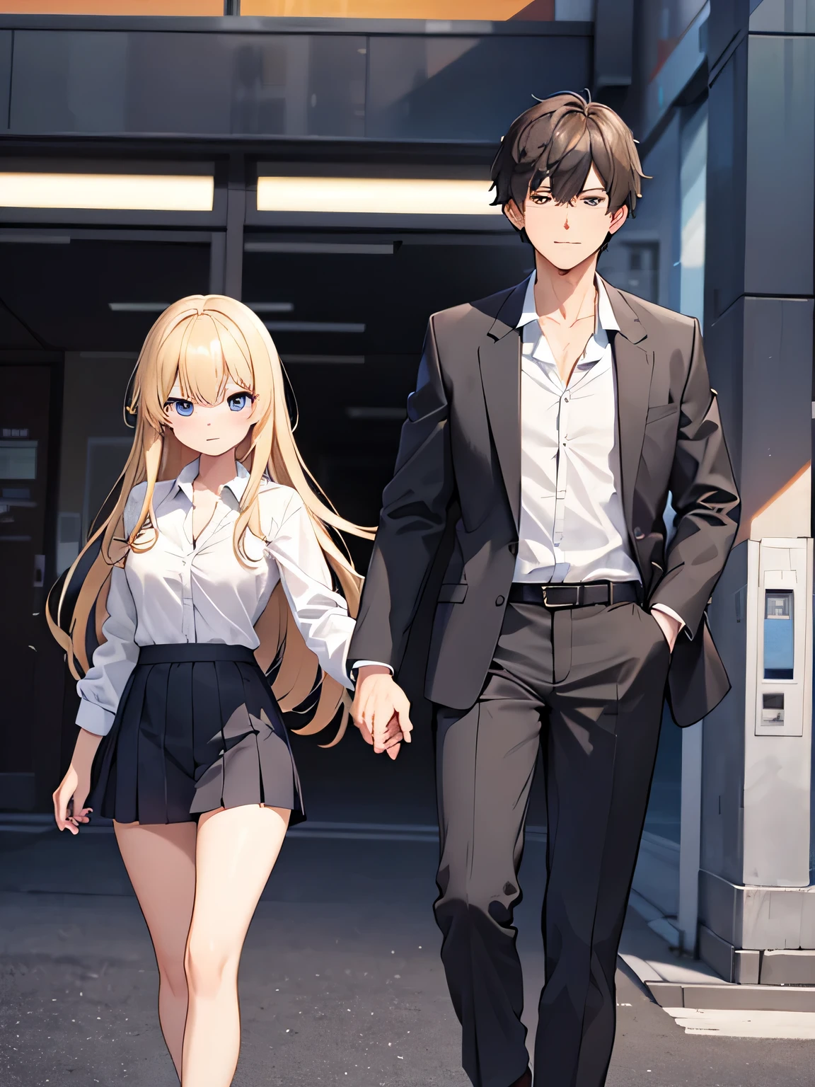 1,man and woman walking hand in hand.
2, The woman is a delinquent high school student with long blonde hair., Mini skirt, unbutton the blazer、The second button of the shirt is undone.
3,The man is a teacher with shaggy black hair and a suit..
4,The location is on the way to school.