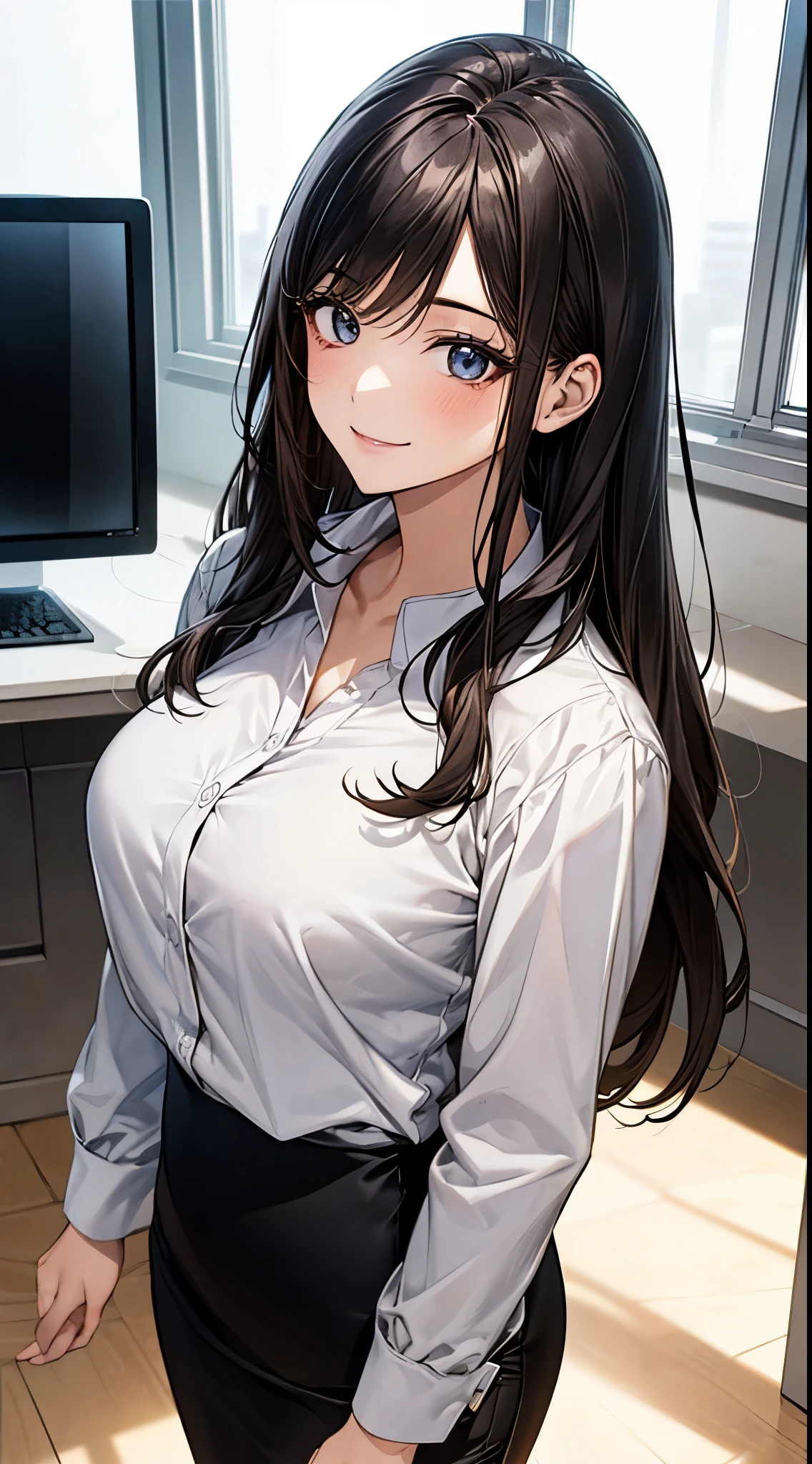 Anime girl in a white shirt and black skirt standing in front of a ...