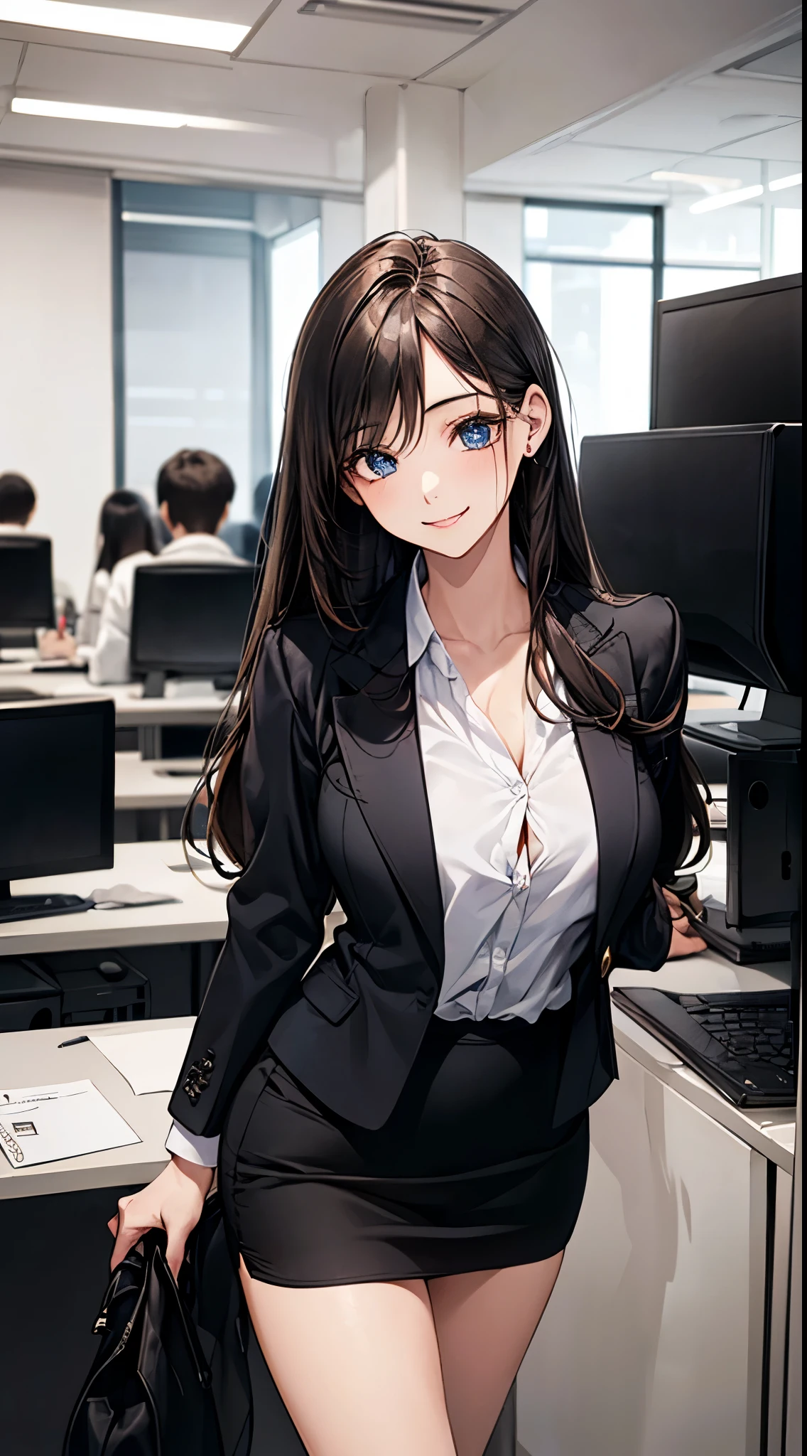 ((((perfect anatomy, super detailed skin)))), 1 girl, japanese, ************, shiny skin, watching the view, (smile:1.5), 
beautiful hair, beautiful face, beautiful detailed eyes, blue eyes, (long hair:1.4, straight hair:1.7), light brown hair, right parted bangs,
beautiful clavicle, beautiful body, beautiful chest, beautiful thigh, beautiful legs, ****face, (large breasts:1.3), 
((long sleeves, white collared shirt, black suit jacket, black pencil skirt), id card, strap), 
(beautiful scenery), office, window, desk, chair, computer, ceiling, ceiling light, standing, 
(8k, top-quality, masterpiece​:1.2, extremely detailed), (photorealistic:1.2), sunlight, beautiful art, visual art, depth of fields, natural lighting,