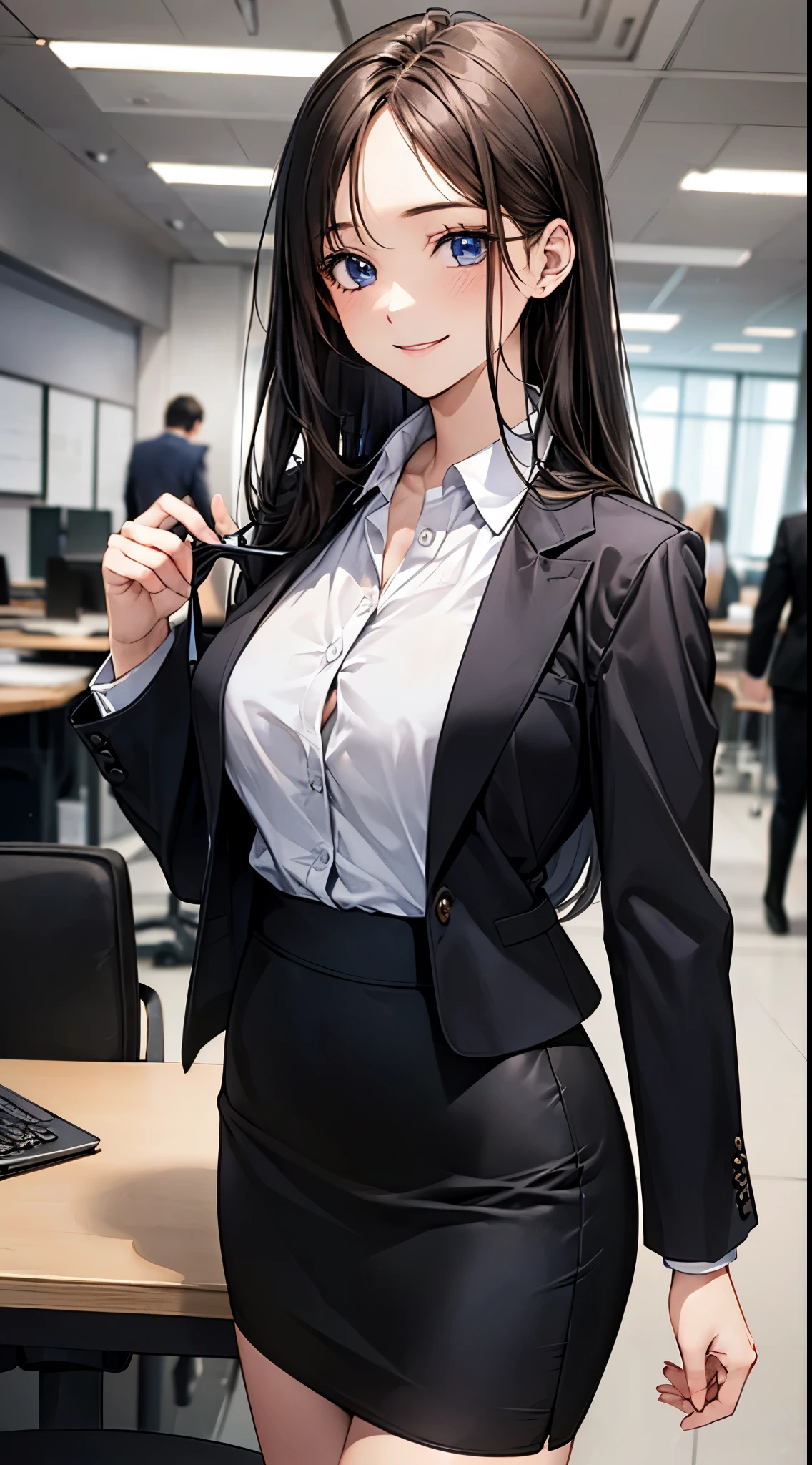 ((((perfect anatomy, super detailed skin)))), 1 girl, japanese, , shiny skin, watching the view, (smile:1.5),
beautiful hair, beautiful face, beautiful detailed eyes, blue eyes, (long hair:1.4, straight hair:1.7), light brown hair, right parted bangs,
beautiful clavicle, beautiful body, beautiful chest, beautiful thigh, beautiful legs, babyface, (l breasts:1.3),
((long sleeves, white collared shirt, black suit jacket, black pencil skirt), id card, strap),
(beautiful scenery), office, window, desk, chair, computer, ceiling, ceiling light, standing,
(8k, top-quality, masterpiece:1.2, extremely detailed), (photorealistic:1.2), sunlight, beautiful art, visual art, depth of fields, natural lighting,