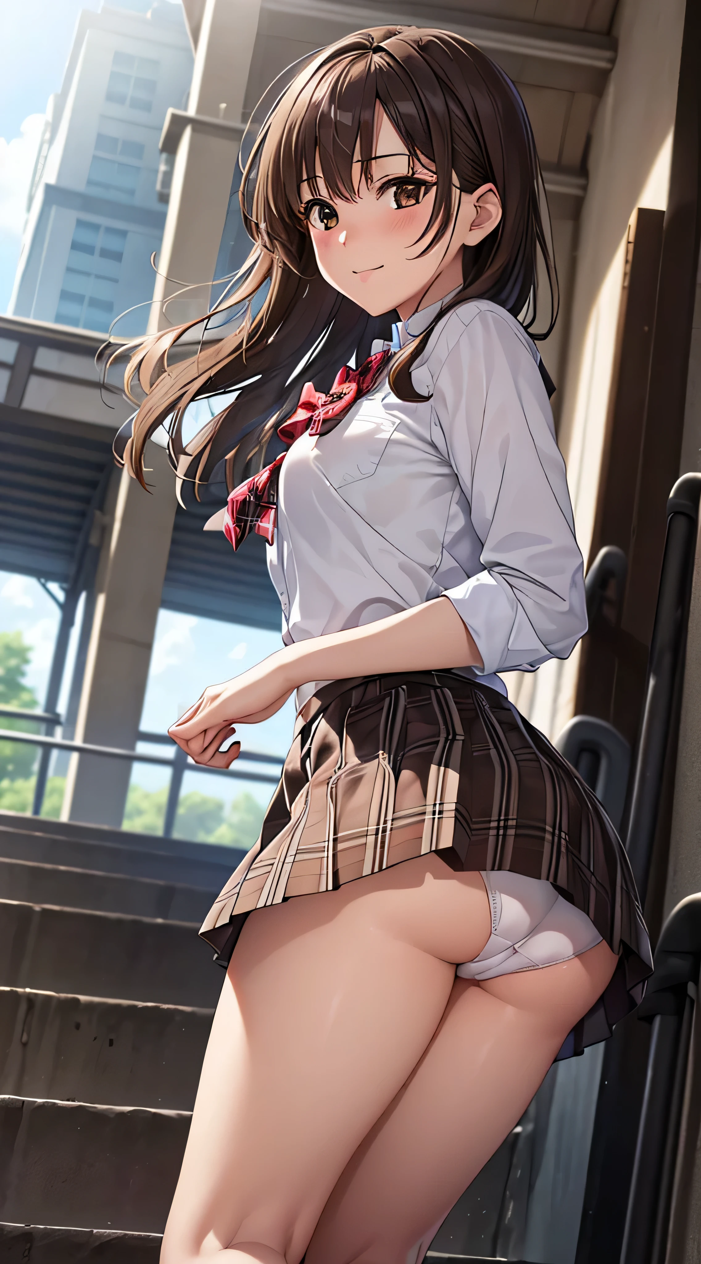 ((masutepiece, Best Quality, hight resolution, nffsw, Perfect Pixel, 4K, nffsw, nffsw))), 1girl in, Single, Solo, Beautie、full body seen、 ((Middle Wave Hair, Bangs, Brown hair)), ((Brown-eyed, Beautiful eyelashes, Realistic eyes)), ((Detailed face, Blushing:1.2)), ((Smooth texture:0.75, Realistic texture:0.65, Photorealistic:1.1, Anime CG style)), medium breasts, Dynamic Angle, Perfect body, ((red bowtie, School uniform, , White shirt, Black skirt, plaid skirts))、train station stairs、Windy、Very embarrassing panic smile、turned around、I can see her ass sticking out in front of me....、Looking up from the bottom of the stairs、 (The wind pulled up my skirt、Touch the skirt with both hands、、You can see all the buttocks、White floral panties)、