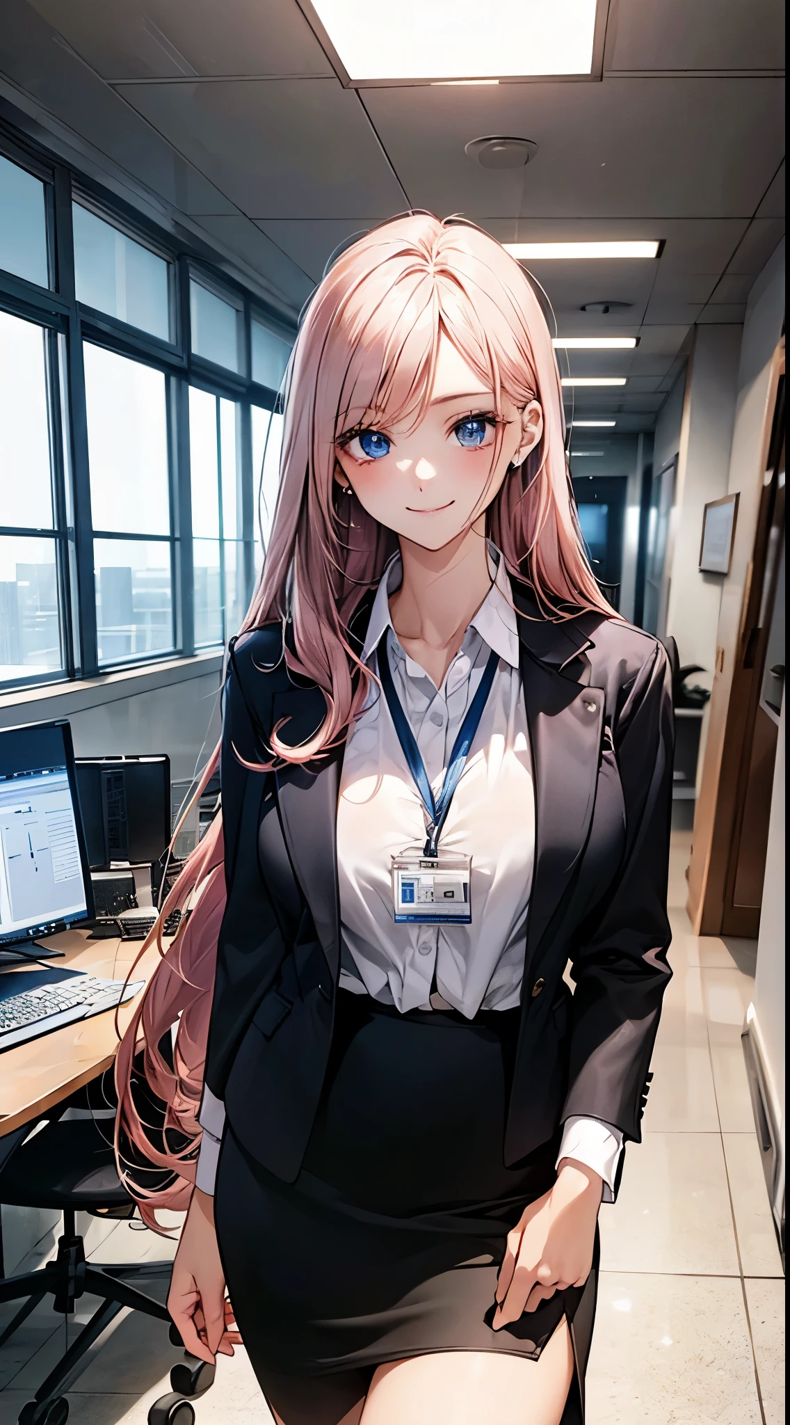 ((((perfect anatomy, super detailed skin)))), 1 girl, japanese, 17 years old, shiny skin, watching the view, (smile:1.5),
beautiful hair, beautiful face, beautiful detailed eyes, blue eyes, (long hair:1.4, straight hair:1.7), light pink hair, right parted bangs,
beautiful clavicle, beautiful body, beautiful chest, beautiful thigh, beautiful legs, babyface, (large breasts:1.3),
((long sleeves, white collared shirt, black suit jacket, black pencil skirt), id card, strap),
(beautiful scenery), office, window, desk, chair, computer, ceiling, ceiling light, standing,
(8k, top-quality, masterpiece:1.2, extremely detailed), (photorealistic:1.2), sunlight, beautiful art, visual art, depth of fields, natural lighting,