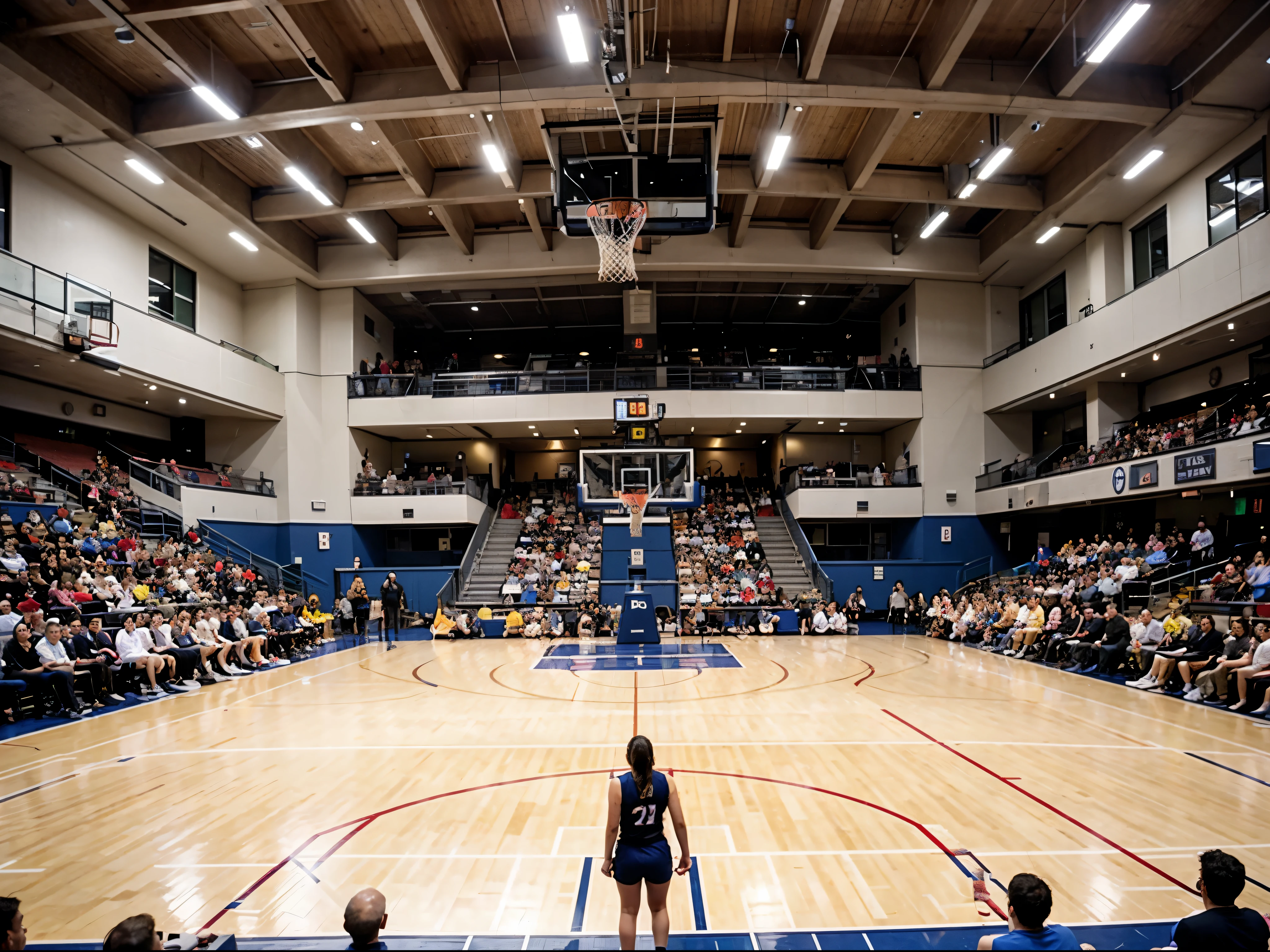 Empty basketball court with crowd, viewed from the court.