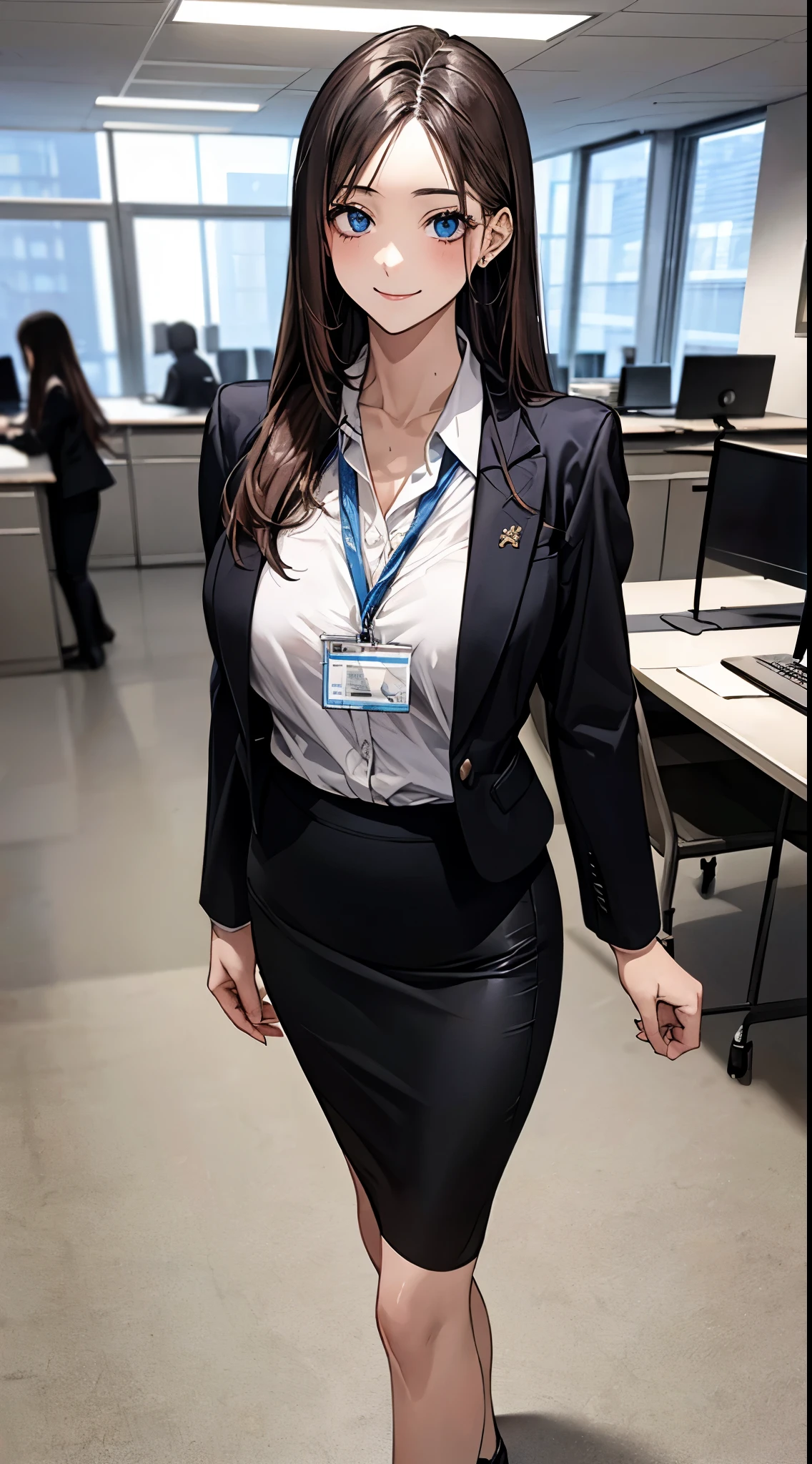 ((((perfect anatomy, super detailed skin)))), 1 girl, japanese, 17 years old, shiny skin, watching the view, (smile:1.5), 
beautiful hair, beautiful face, beautiful detailed eyes, blue eyes, (long hair:1.4, straight hair:1.7), light pink hair, right parted bangs,
beautiful clavicle, beautiful body, beautiful chest, beautiful thigh, beautiful legs, babyface, (large breasts:1.3), 
((long sleeves, white collared shirt, black suit jacket, black pencil skirt), id card, strap), 
(beautiful scenery), office, window, desk, chair, computer, ceiling, ceiling light, standing, 
(8k, top-quality, masterpiece​:1.2, extremely detailed), (photorealistic:1.2), sunlight, beautiful art, visual art, depth of fields, natural lighting,