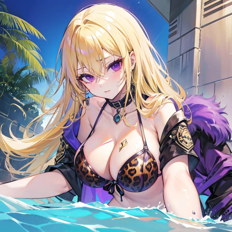 Blonde hair, purple eyes, sexy, large breasts, a leopard print bikini, a hotel swimming pool