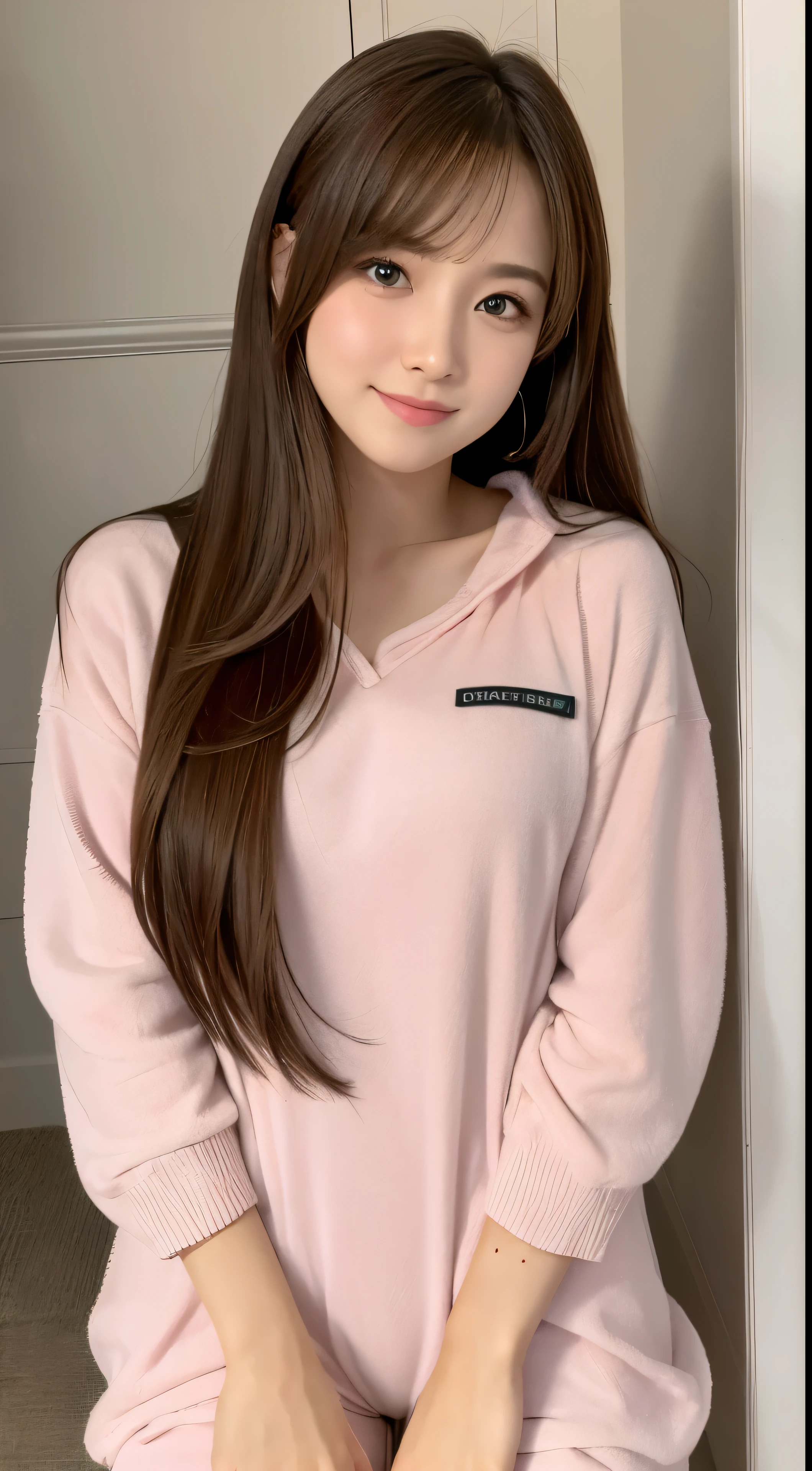 high-definition picture,Sleeping Girl, 22 years old, Realistic, she is wearing long pants, she is wearing pink pajama, Brown hair.Details of face,Details of beautiful women,