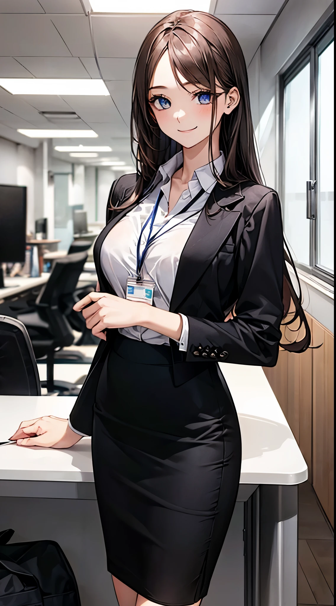((((perfect anatomy, super detailed skin)))), 1 girl, japanese, , shiny skin, watching the view, (smile:1.5),
beautiful hair, beautiful face, beautiful detailed eyes, blue eyes, (long hair:1.4, straight hair:1.7), light pink hair, right parted bangs,
beautiful clavicle, beautiful body, beautiful chest, beautiful thigh, beautiful legs, (large breasts:1.3),
((long sleeves, white collared shirt, black suit jacket, black pencil skirt), id card, strap),
(beautiful scenery), office, window, desk, chair, computer, ceiling, ceiling light, standing,
(8k, top-quality, masterpiece:1.2, extremely detailed), (photorealistic:1.2), sunlight, beautiful art, visual art, depth of fields, natural lighting,